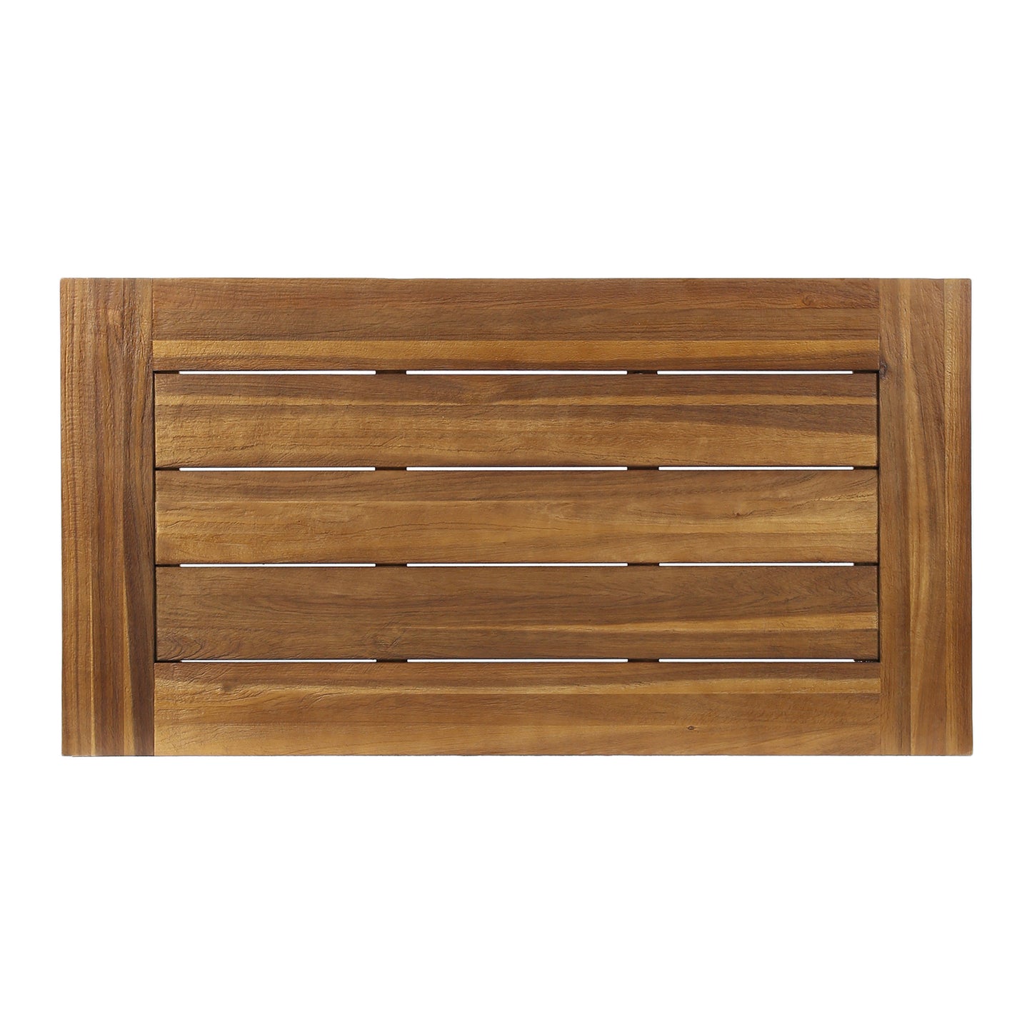 Top view of a natural teak wood slatted tabletop with rich grain perfect for outdoor dining