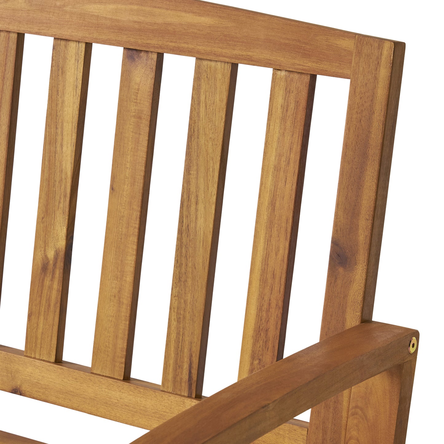 Detail of a slatted wooden garden bench natural acacia wood