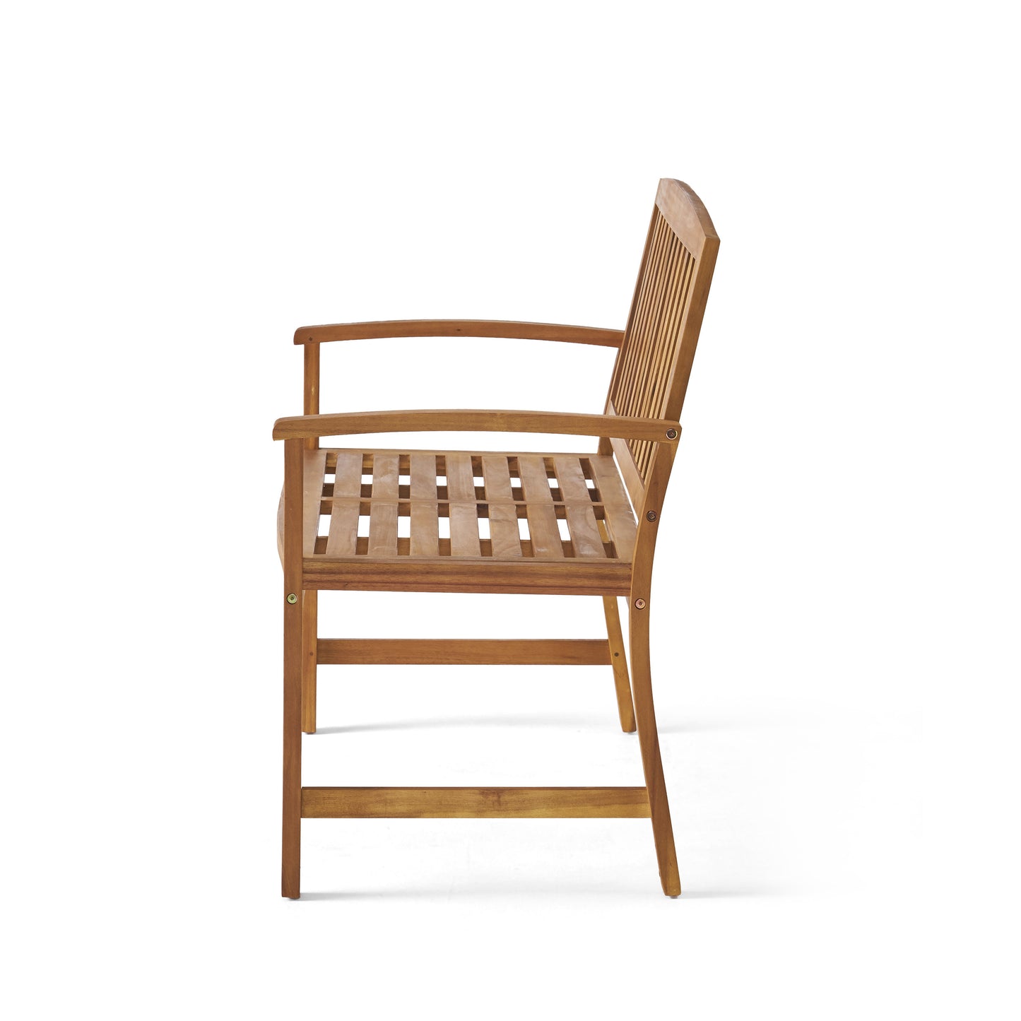 Wooden patio bench with slatted seat and back ideal for outdoor seating
