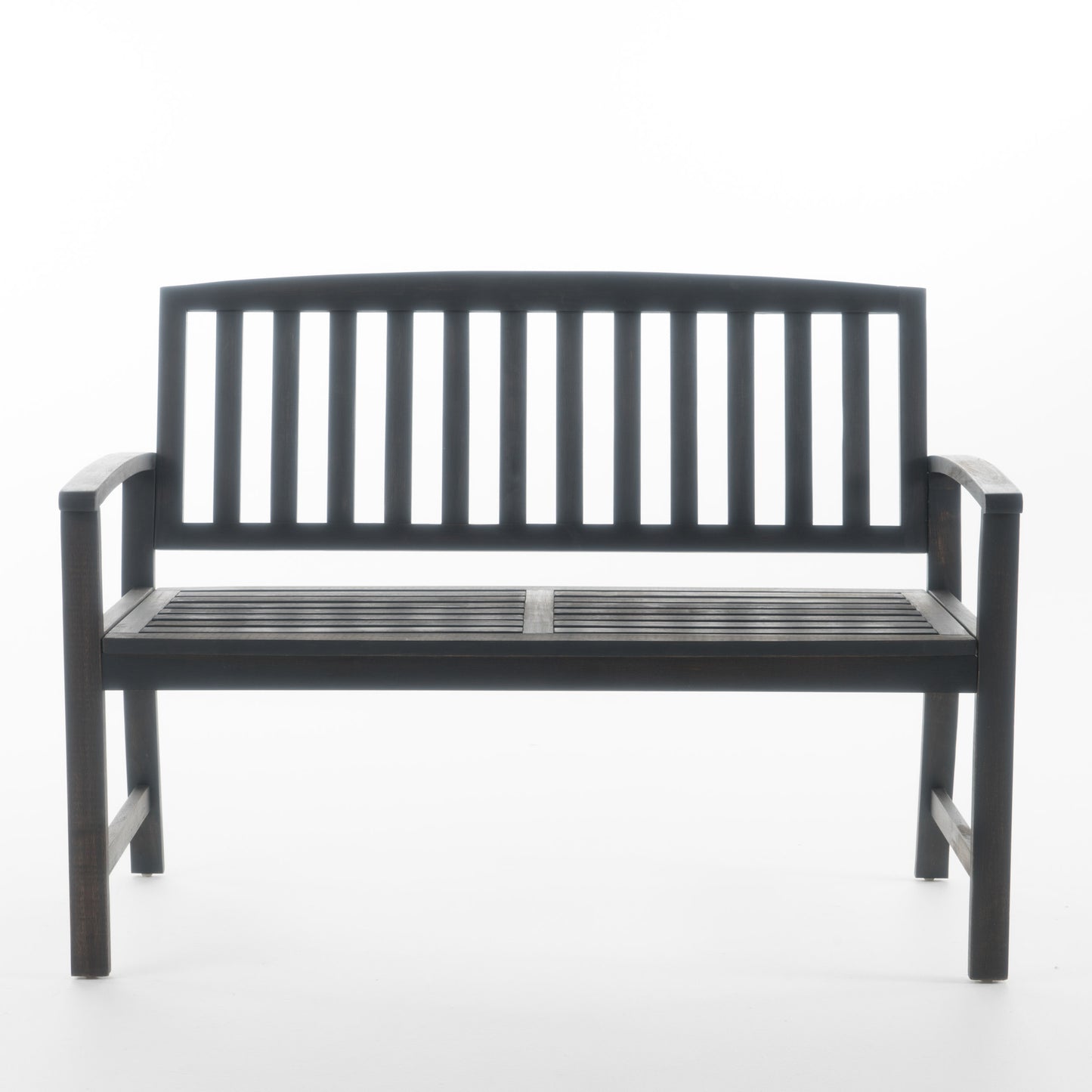 Dark wood outdoor bench with slatted back and seat Perfect garden bench