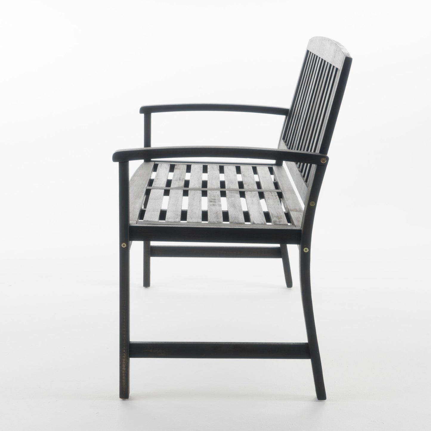 Dark wood slatted garden bench with curved arms perfect for outdoor seating