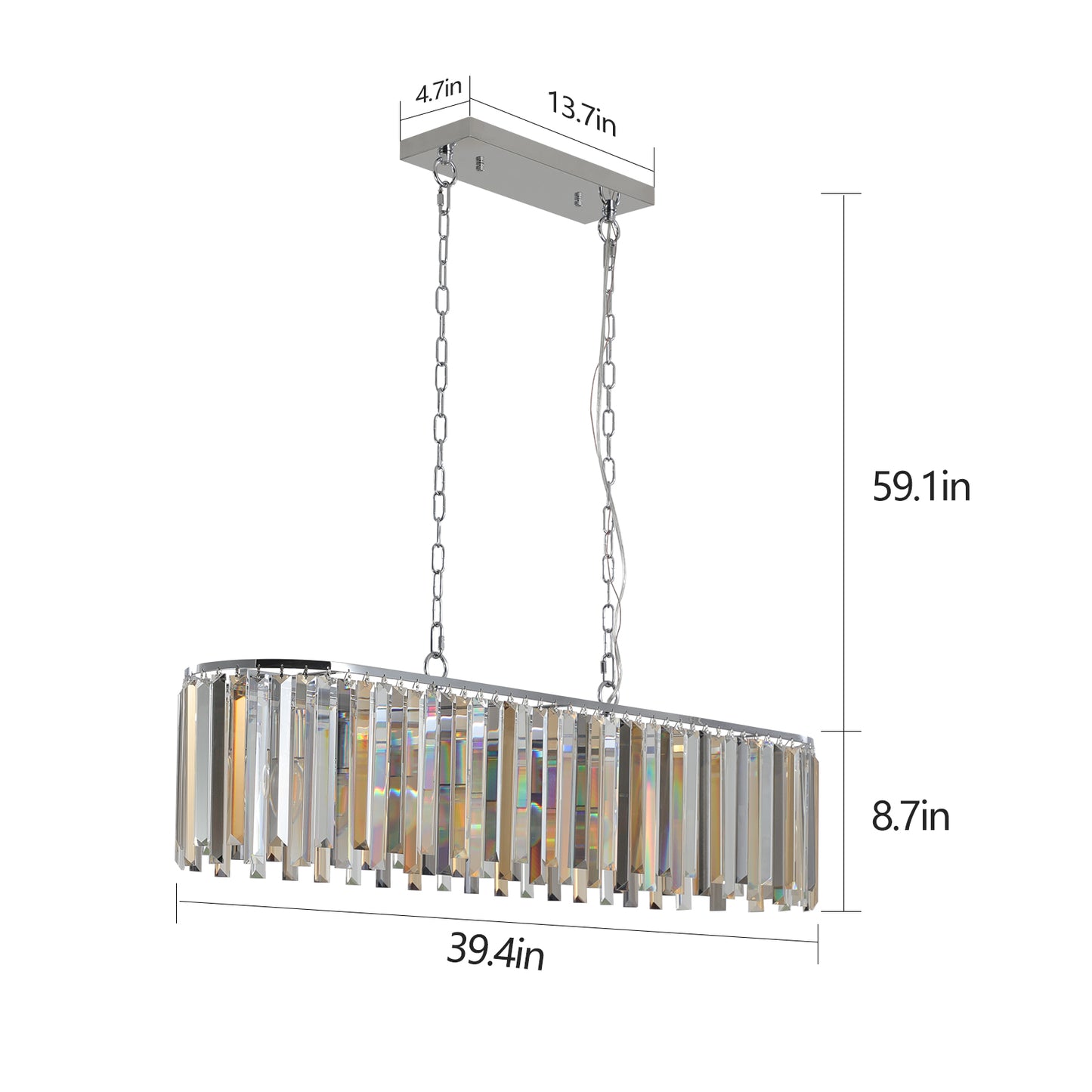 Rectangular crystal chandelier with chrome finish and glass prisms