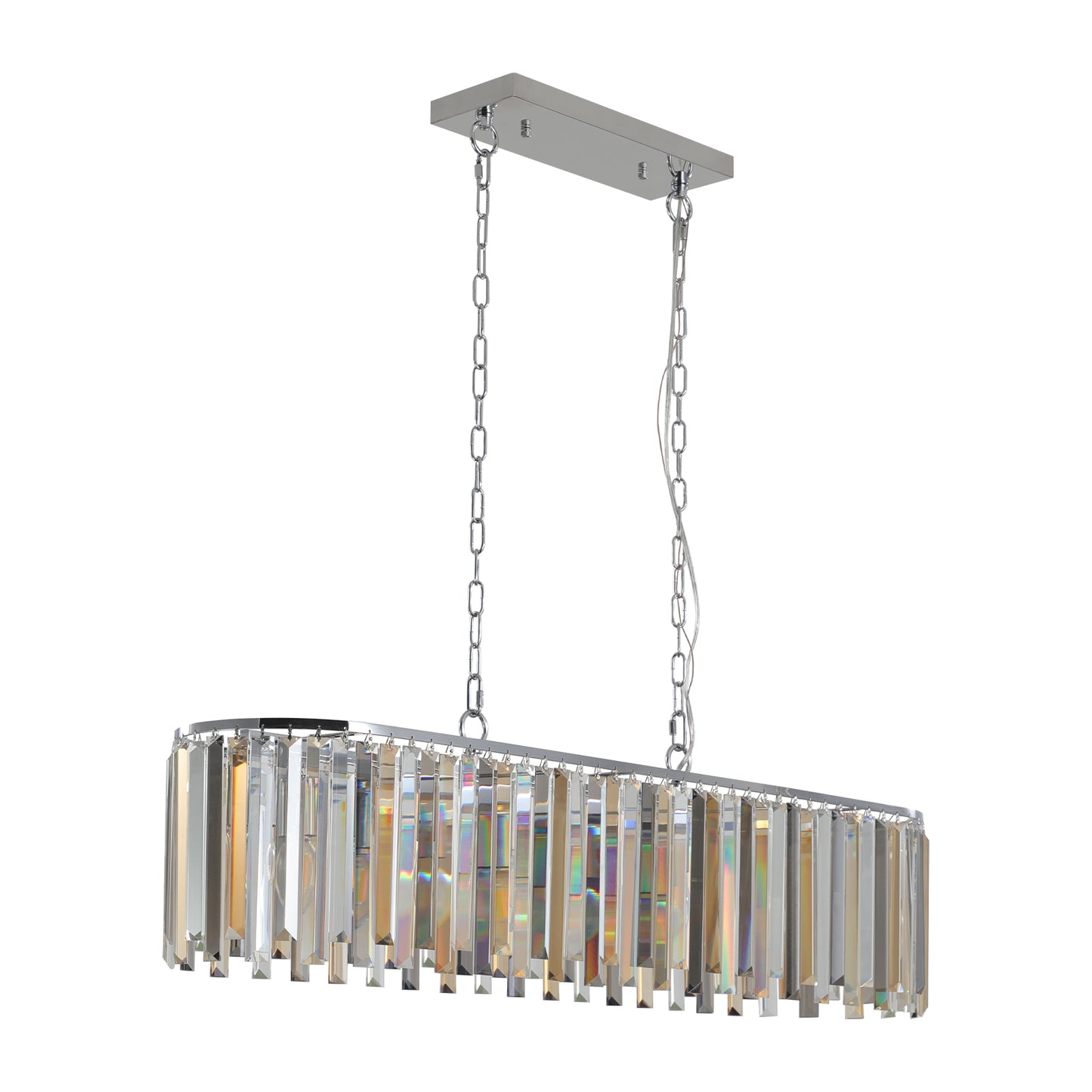 Rectangular crystal chandelier with chrome finish and hanging chains