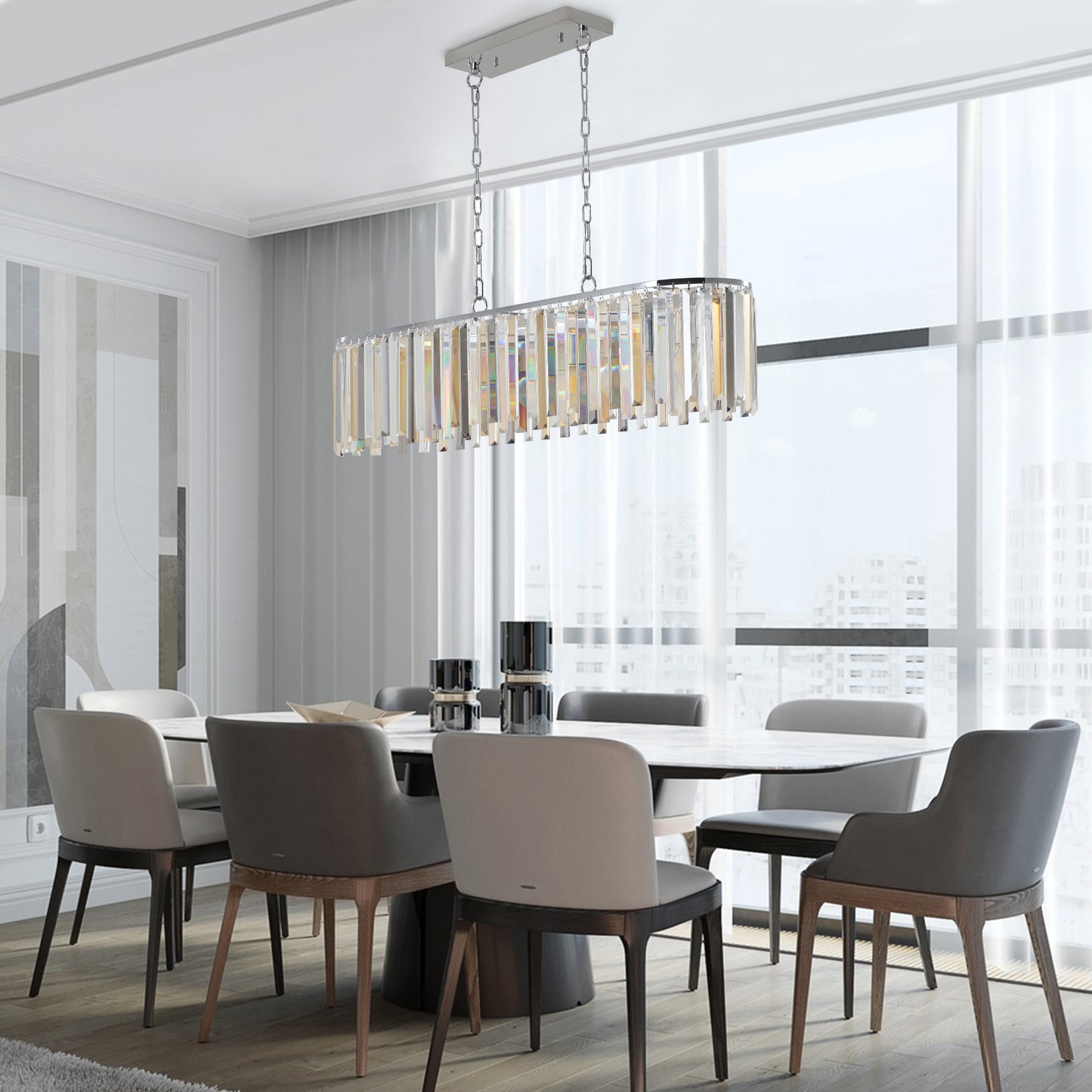 Rectangular modern chandelier with clear crystal prism accents and chrome finish
