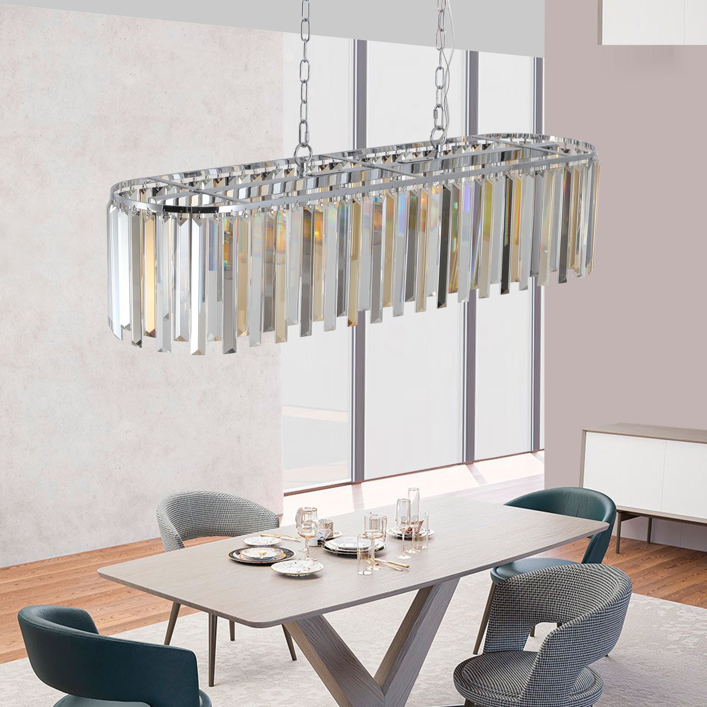Modern linear crystal chandelier with polished chrome frame elegant for dining rooms