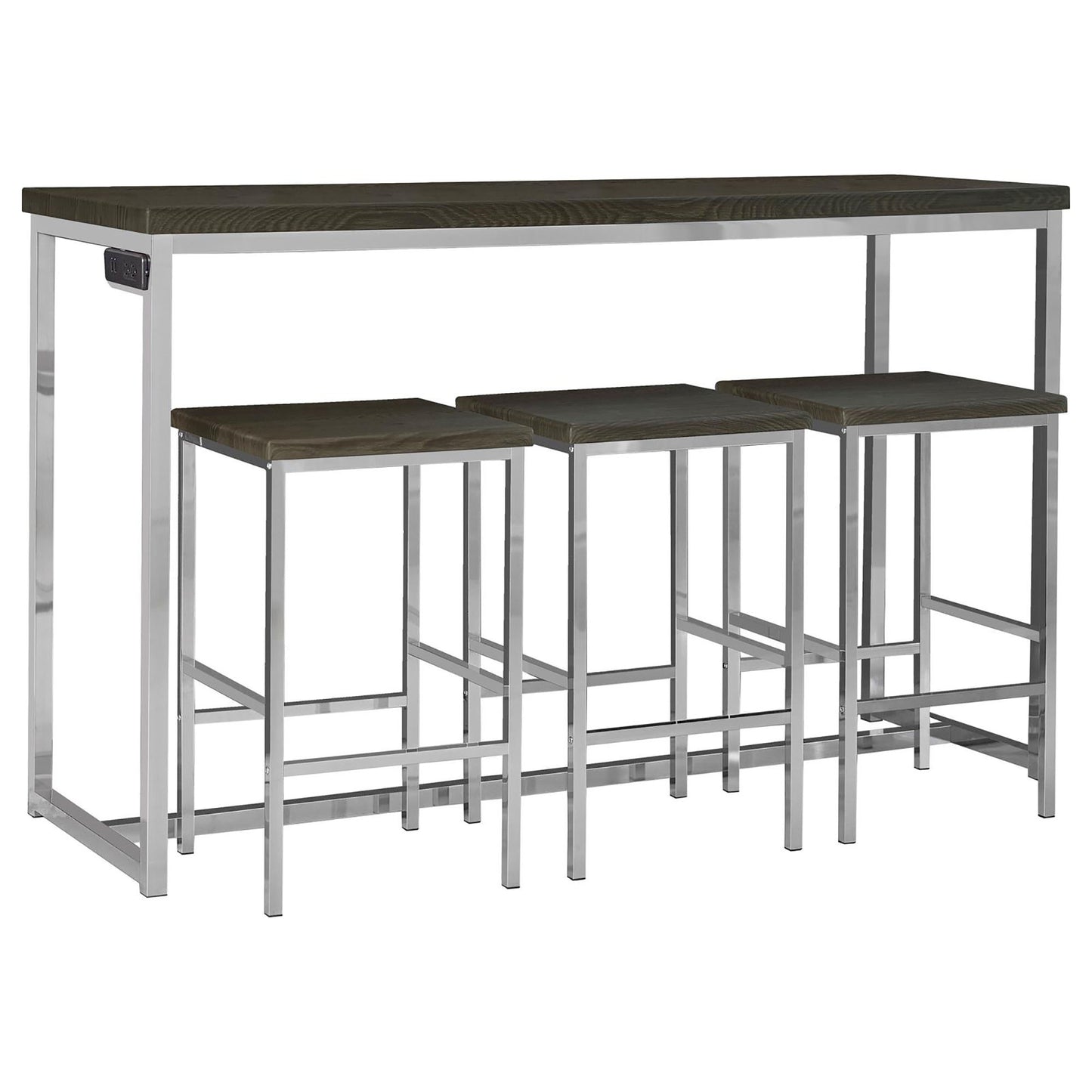 Modern bar table set with dark wood top and chrome legs includes three stools