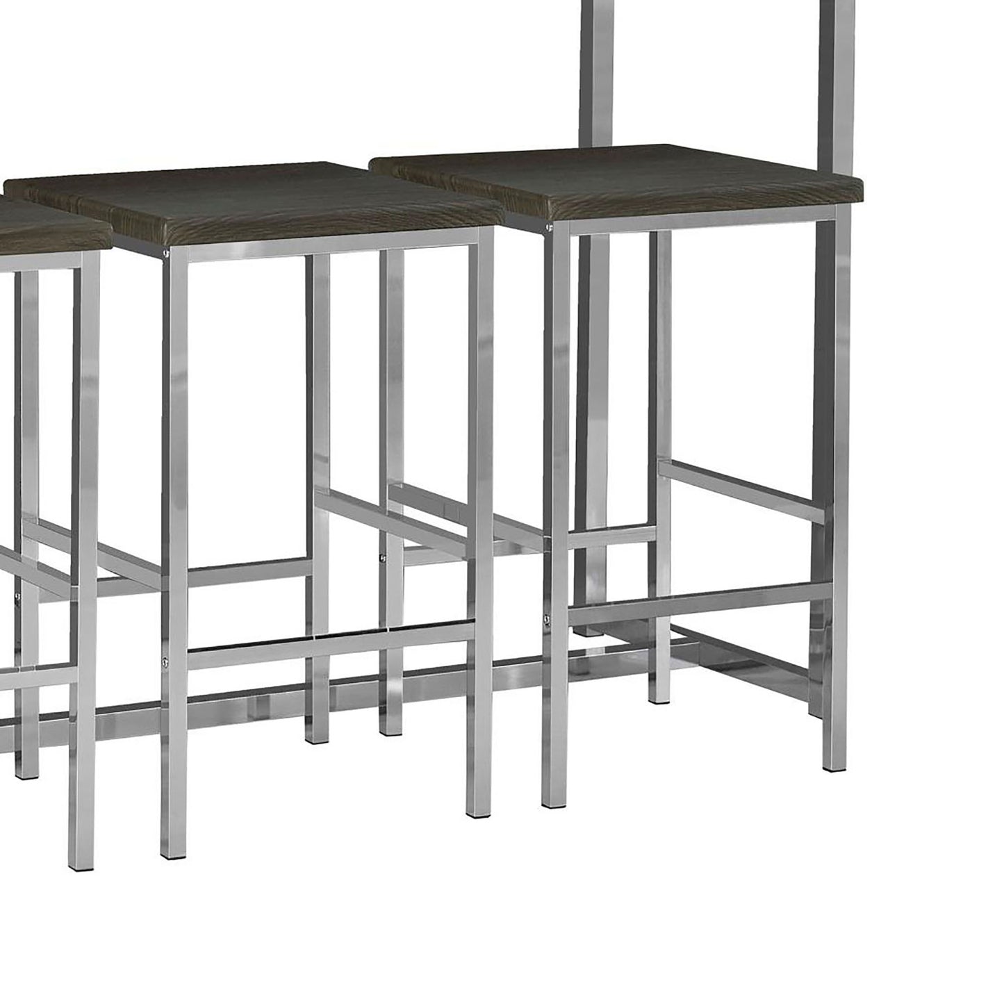 Closeup of three modern industrial bar stools with dark wood seats and chrome frames