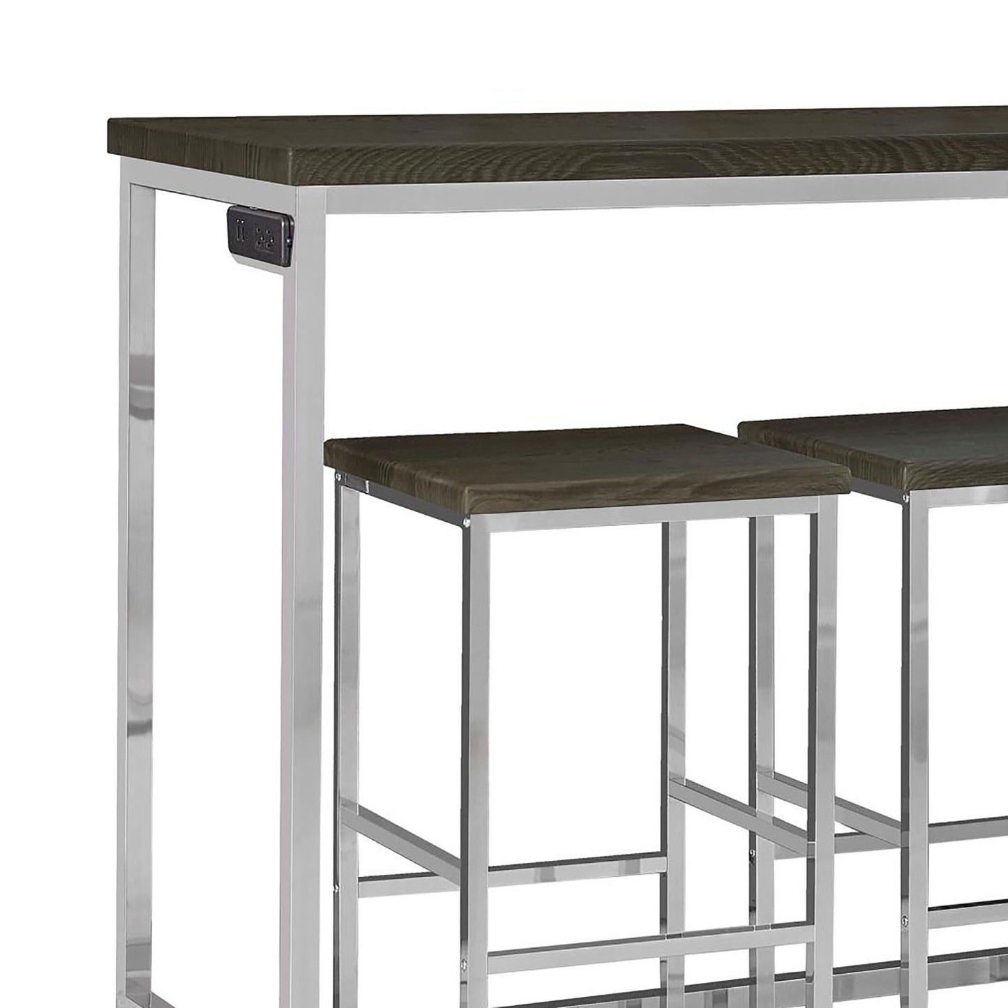 Dark wood and chrome bar table with integrated power outlets perfect for modern homes