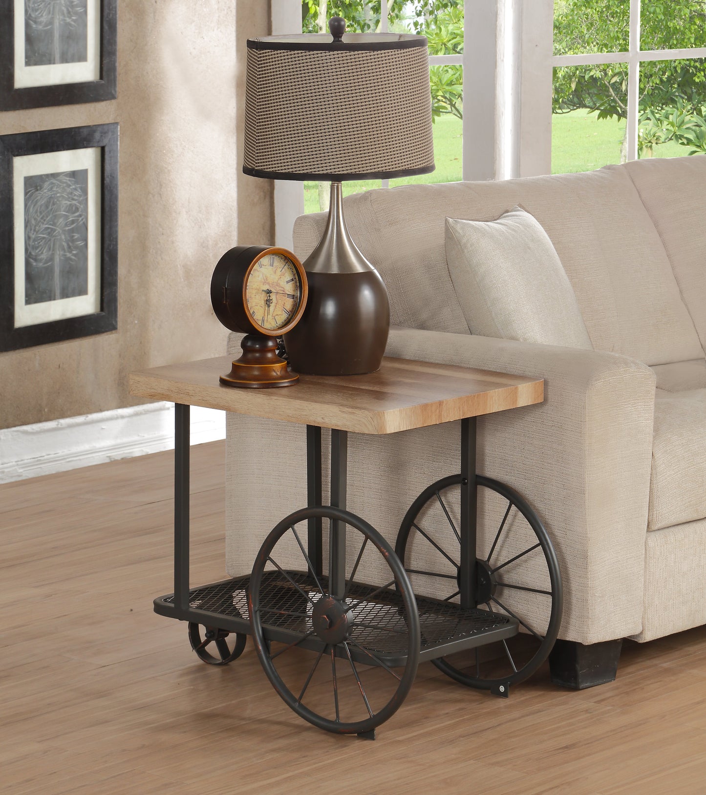 Industrial accent table with natural wood top and metal cart wheel design