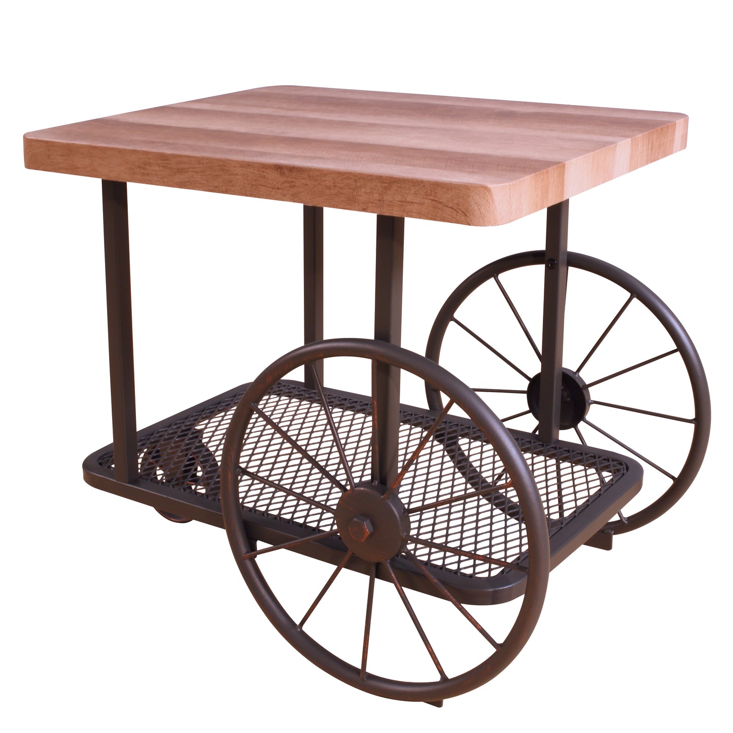 Wooden top industrial cart table with metal wheels and shelf
