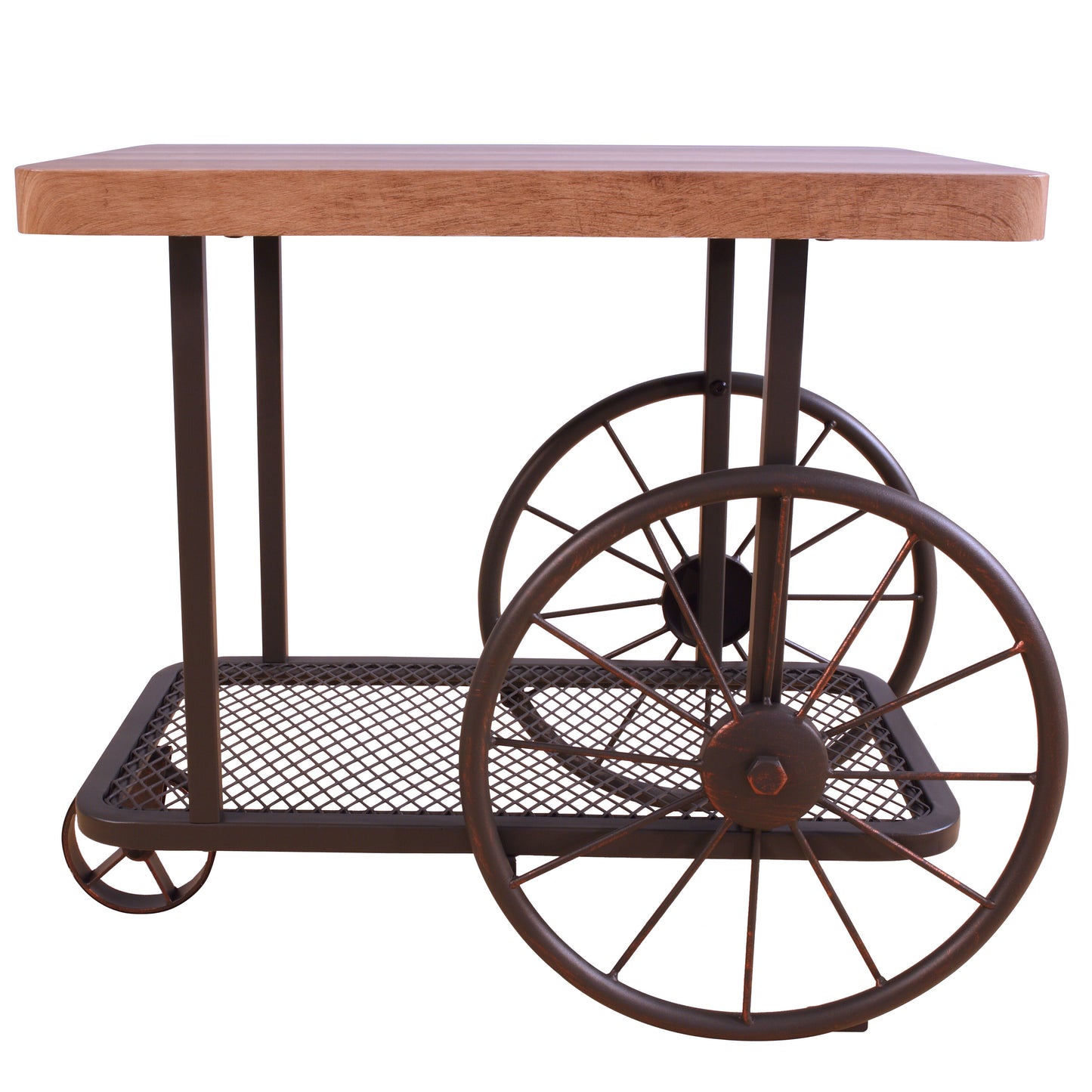 Industrial style bar cart with rustic wood top and metal wheel accents