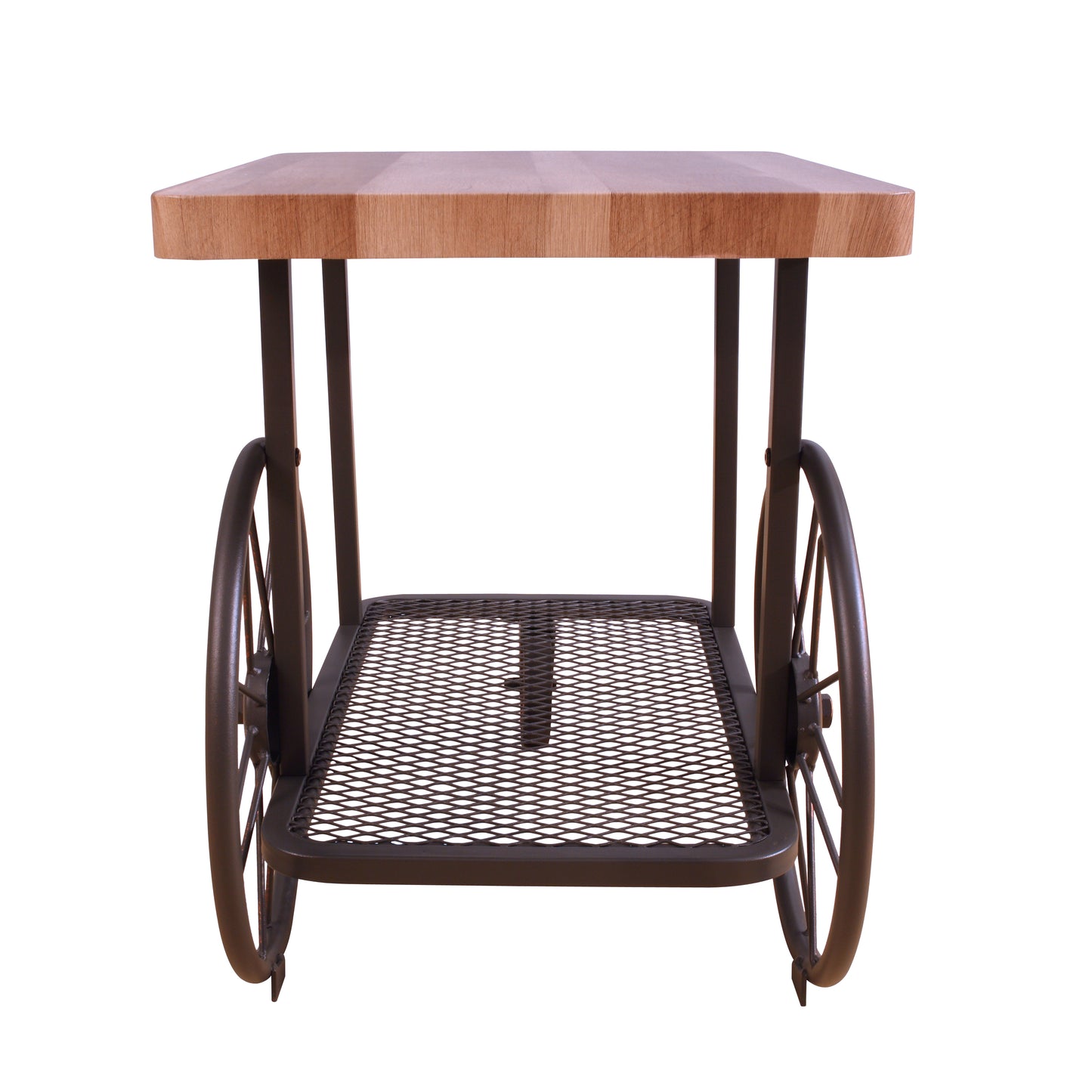 Rustic metal side table with a butcher block wood top and wagon wheel accents perfect for outdoor use