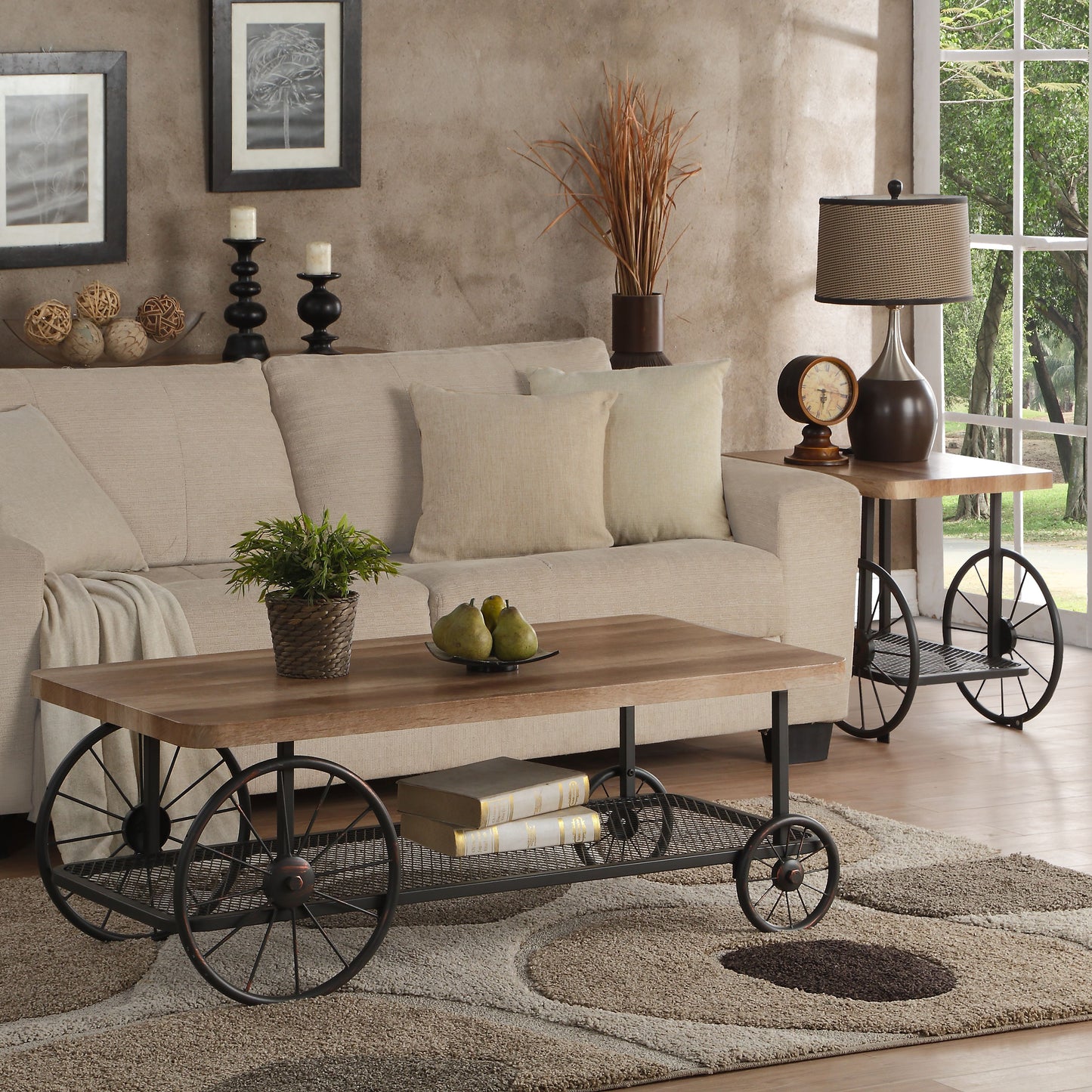 Industrial style wood and metal coffee table with wheels