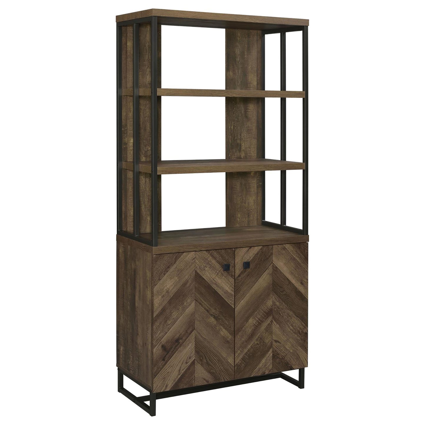 Industrial bookshelf with dark brown distressed wood and black metal frame featuring open shelves and a lower cabinet
