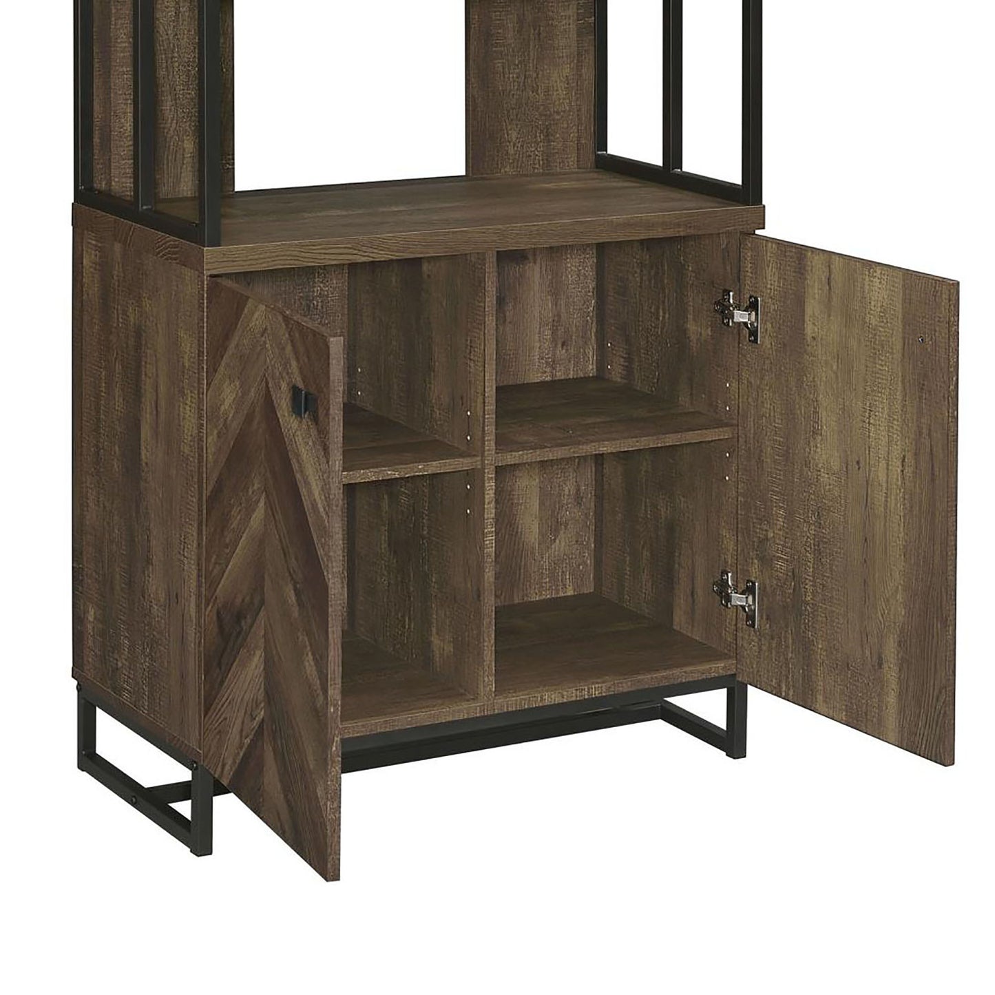 Rustic brown wood and black metal media console with open storage compartments