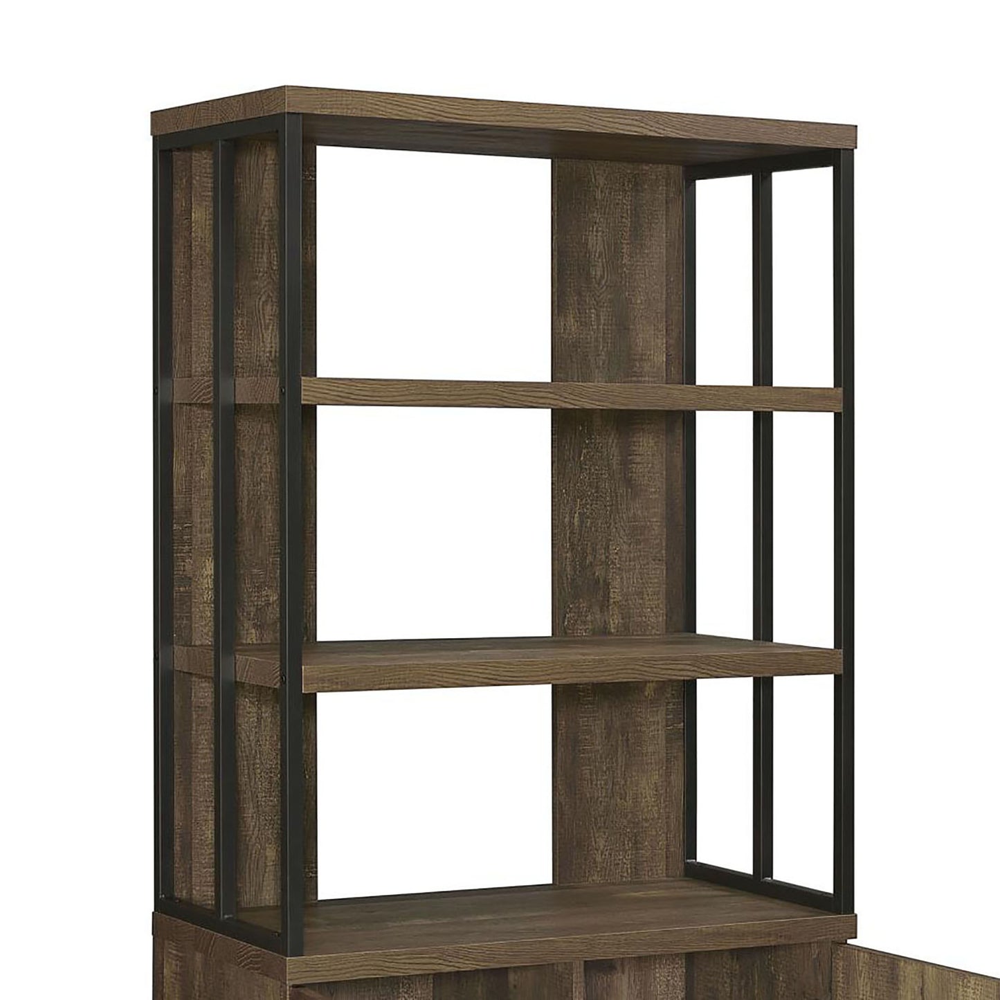 Rustic brown wood and black metal open bookshelf with multiple shelves