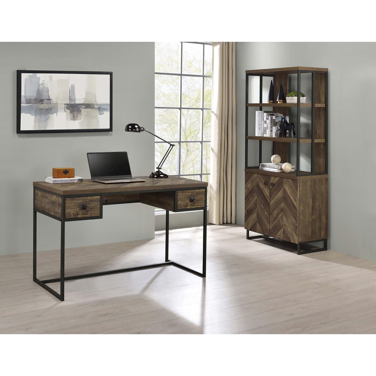 Rustic wood and metal desk with laptop and desk lamp for home office setup