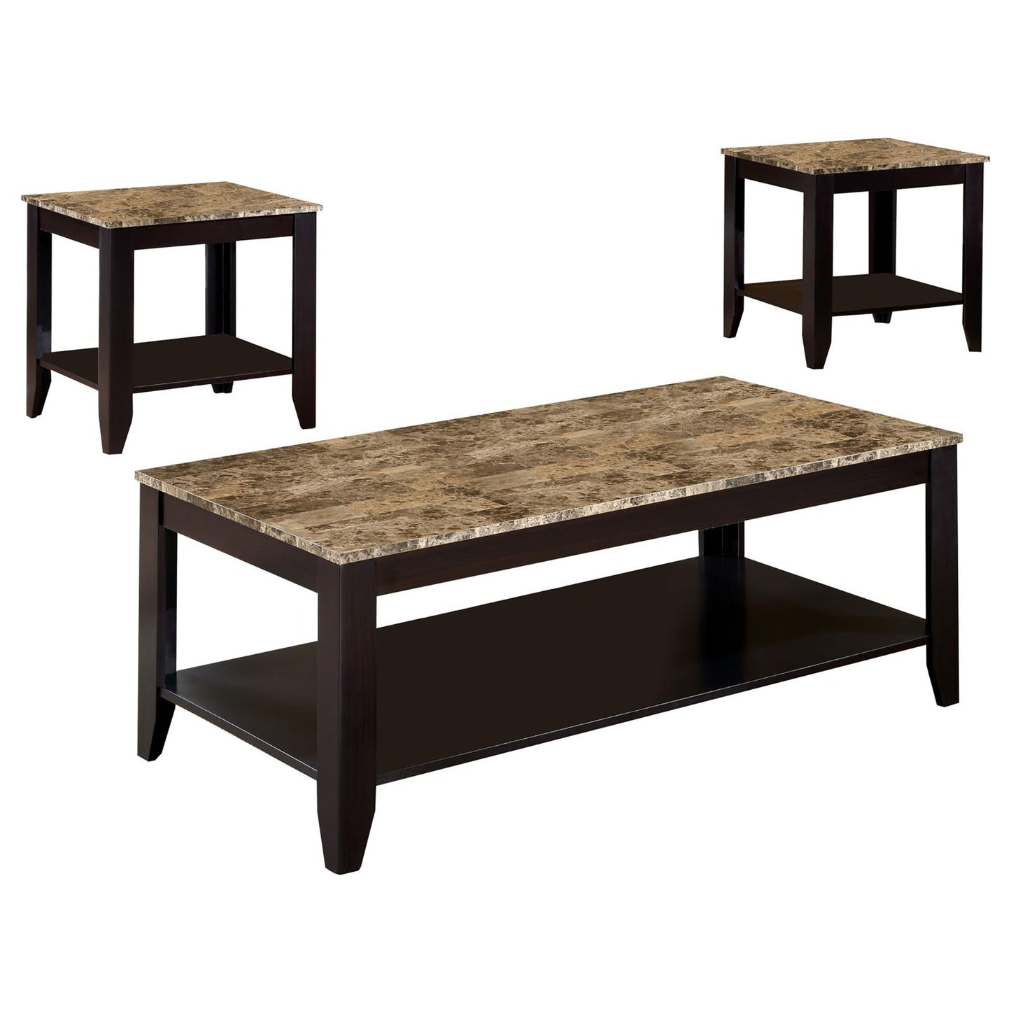 Dark brown coffee table with faux marble top and lower shelf modern design