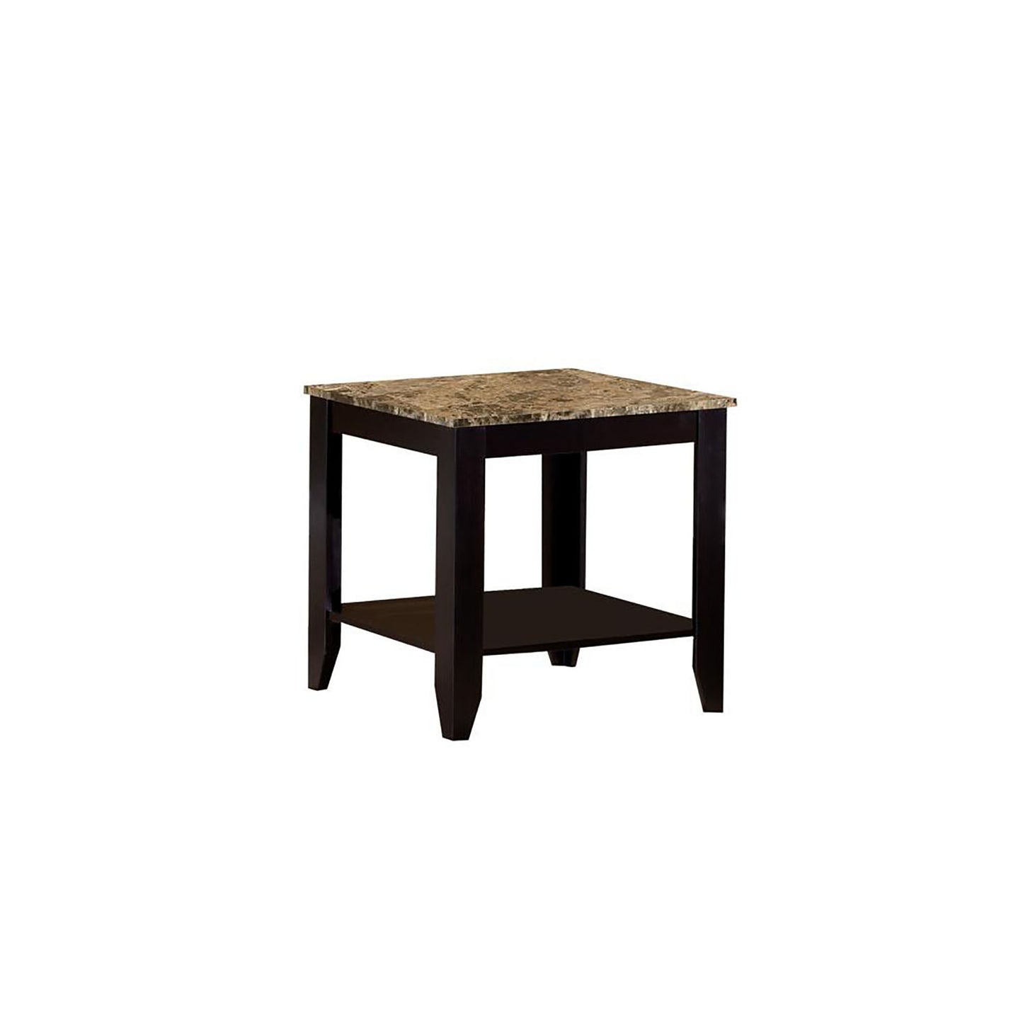 Dark brown wood end table with a faux marble top and lower shelf