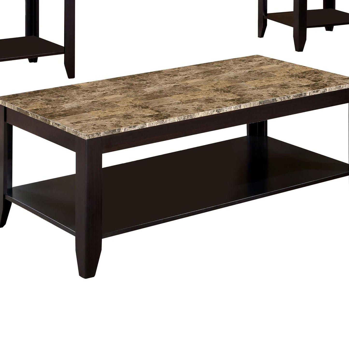 Dark brown coffee table with faux marble top and bottom shelf