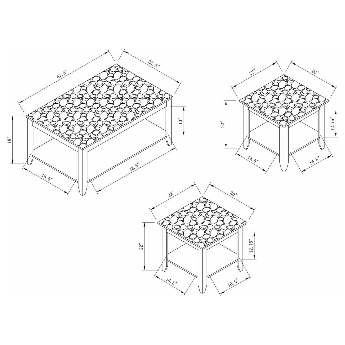 Architectural drawing of a rectangular coffee table with decorative top and dimensions