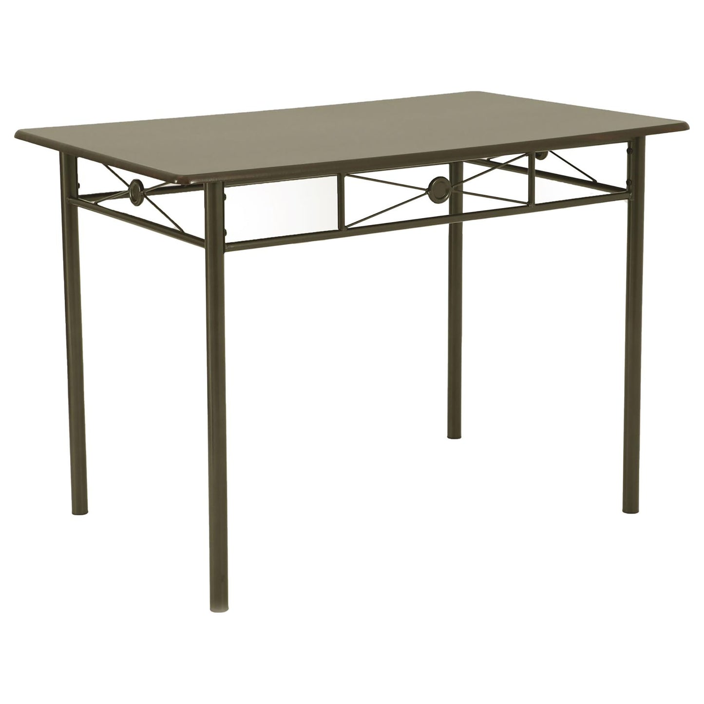 Dark brown rectangular metal dining table with decorative crossbars