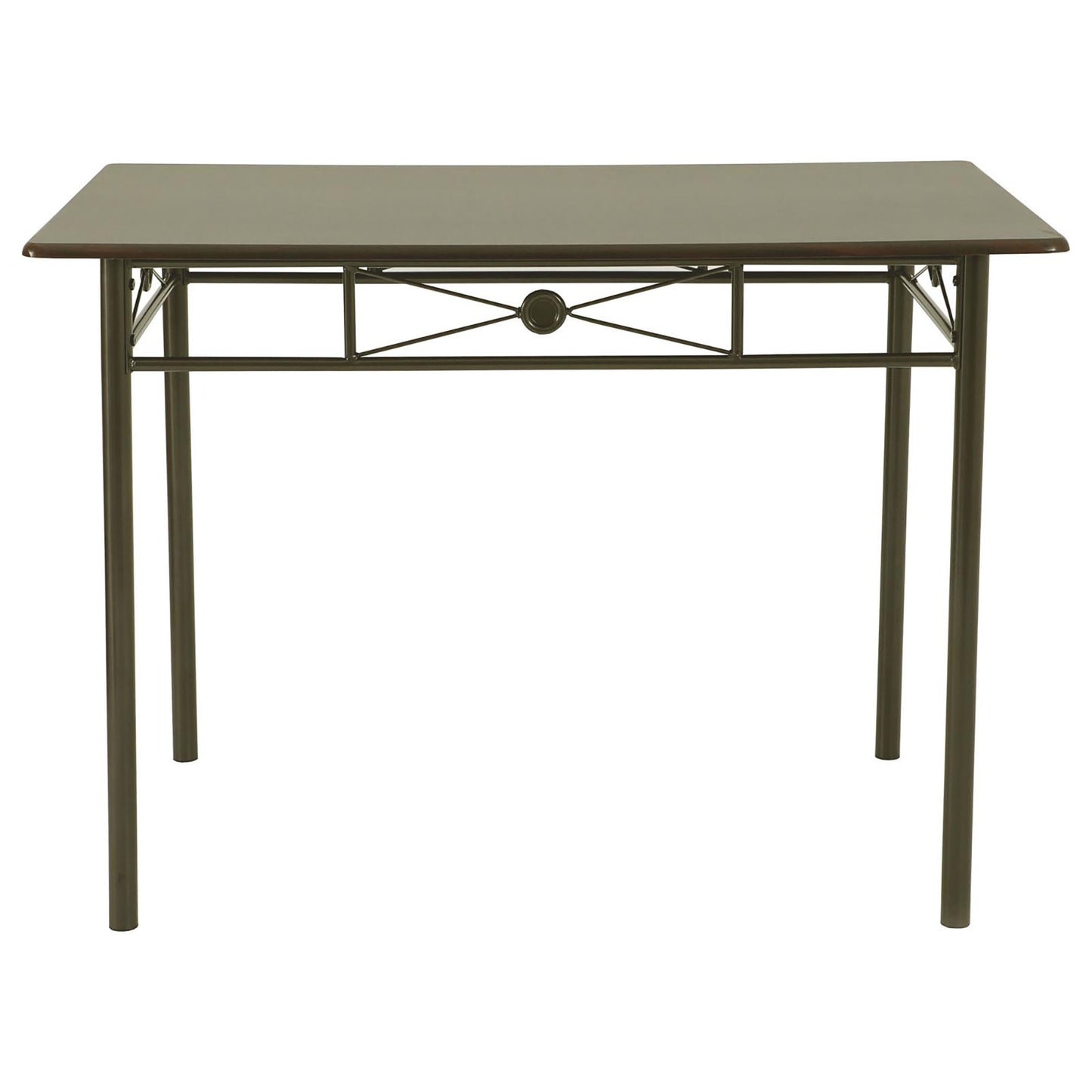 Dark brown metal dining table with decorative crossbar detail