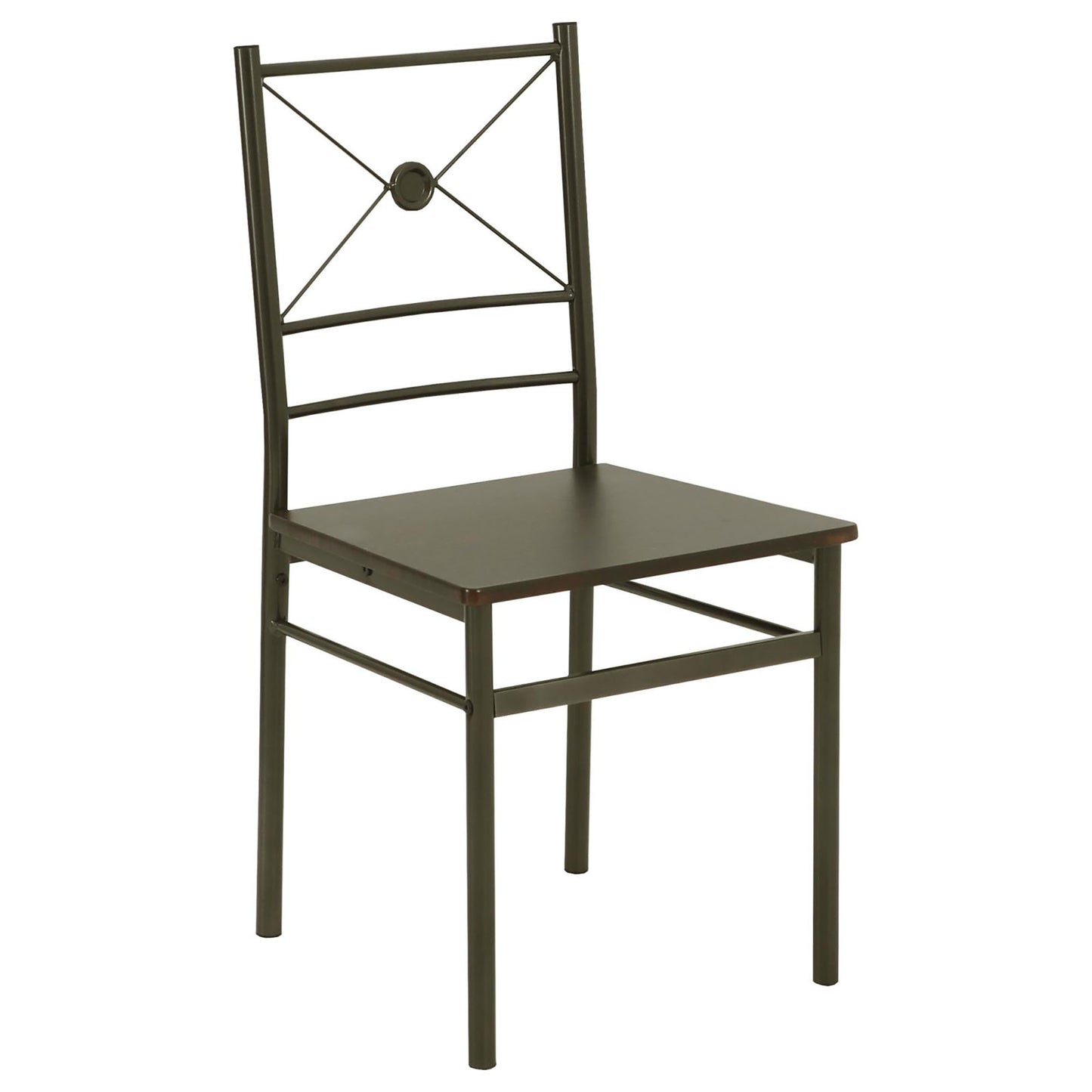 Dark brown metal dining chair with crisscross back design and circular accent