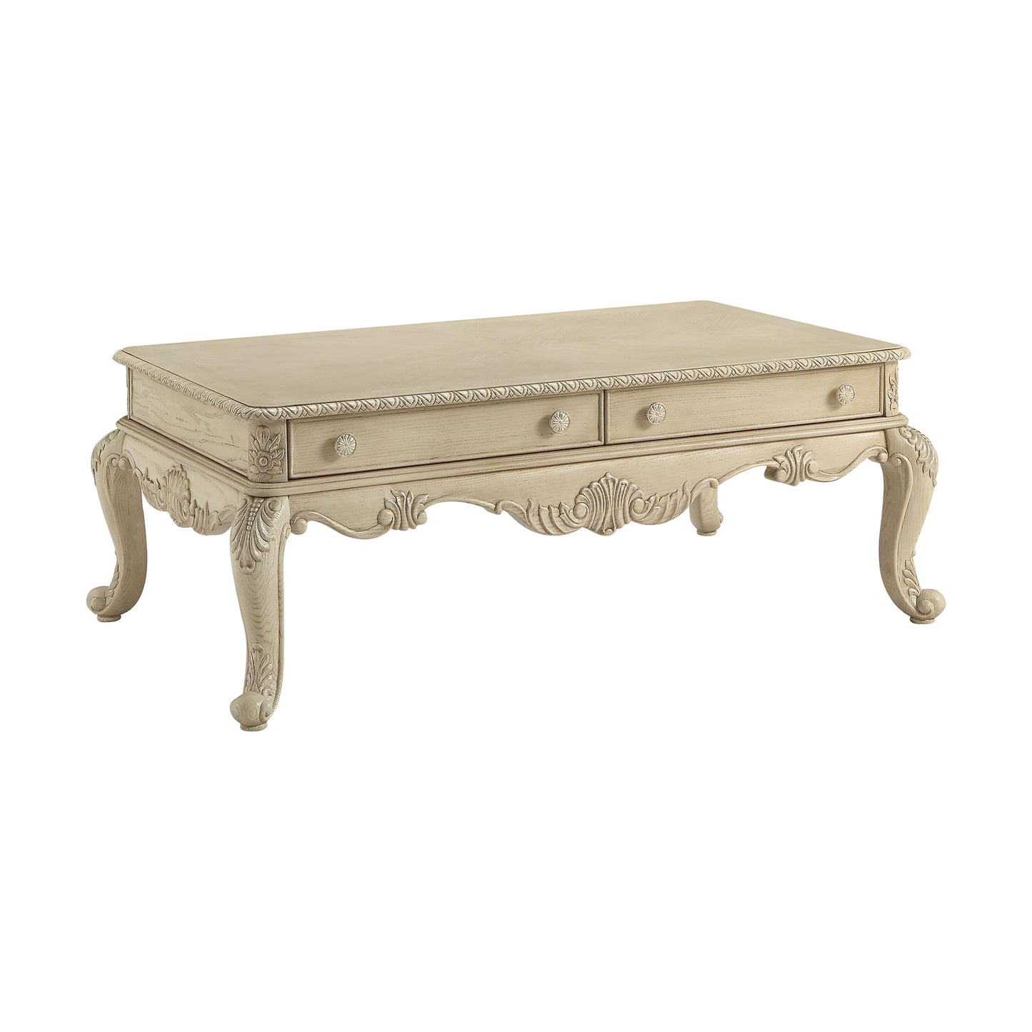 Ornate antique cream coffee table with carved legs and three drawers