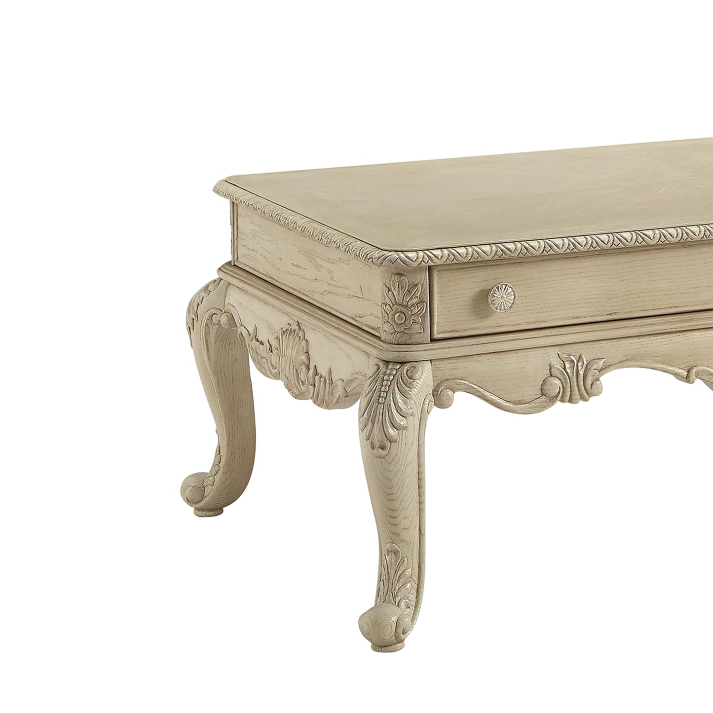 Ornate antique white wood accent table with carved legs and floral details