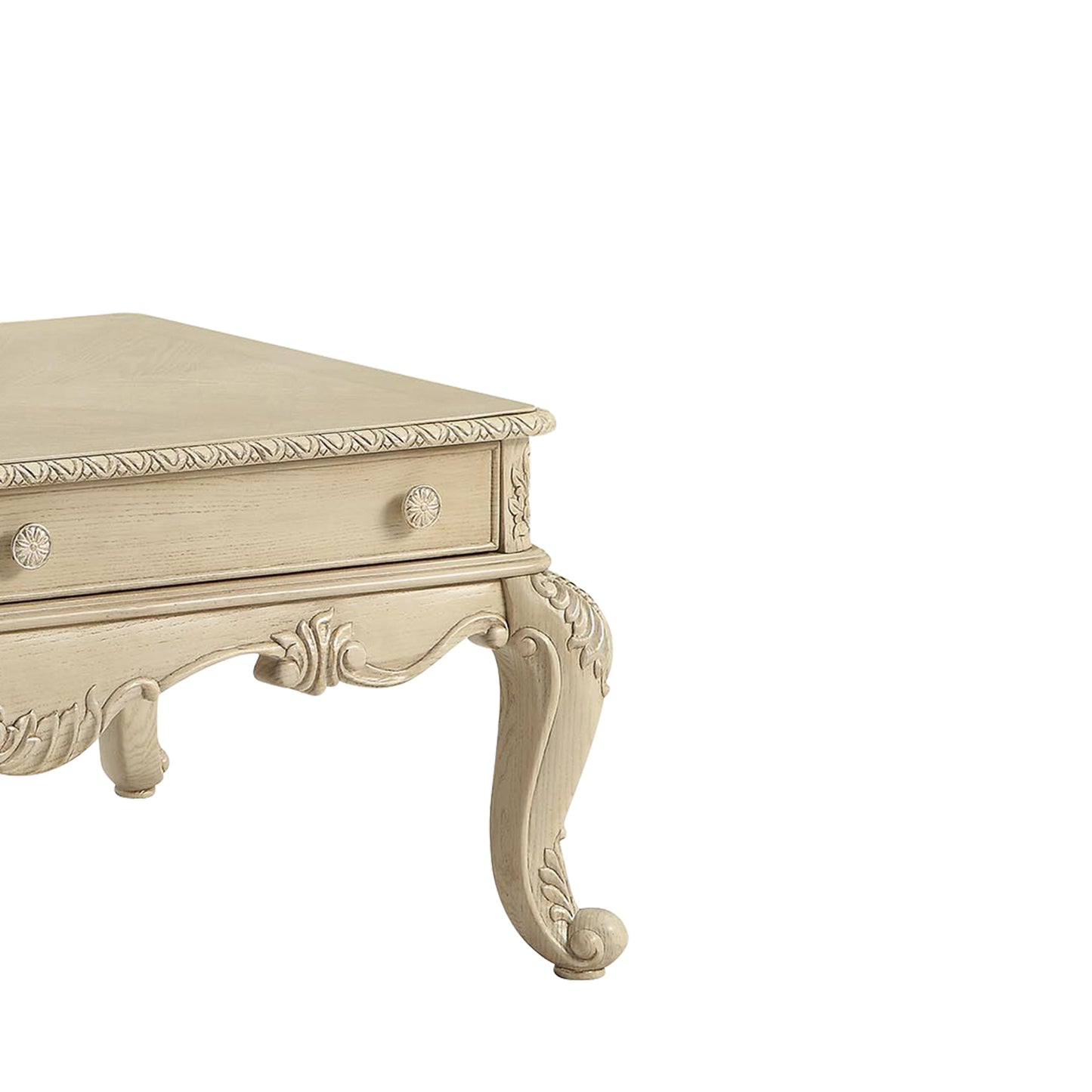 Antique cream carved wood console table with ornate legs and drawer pulls