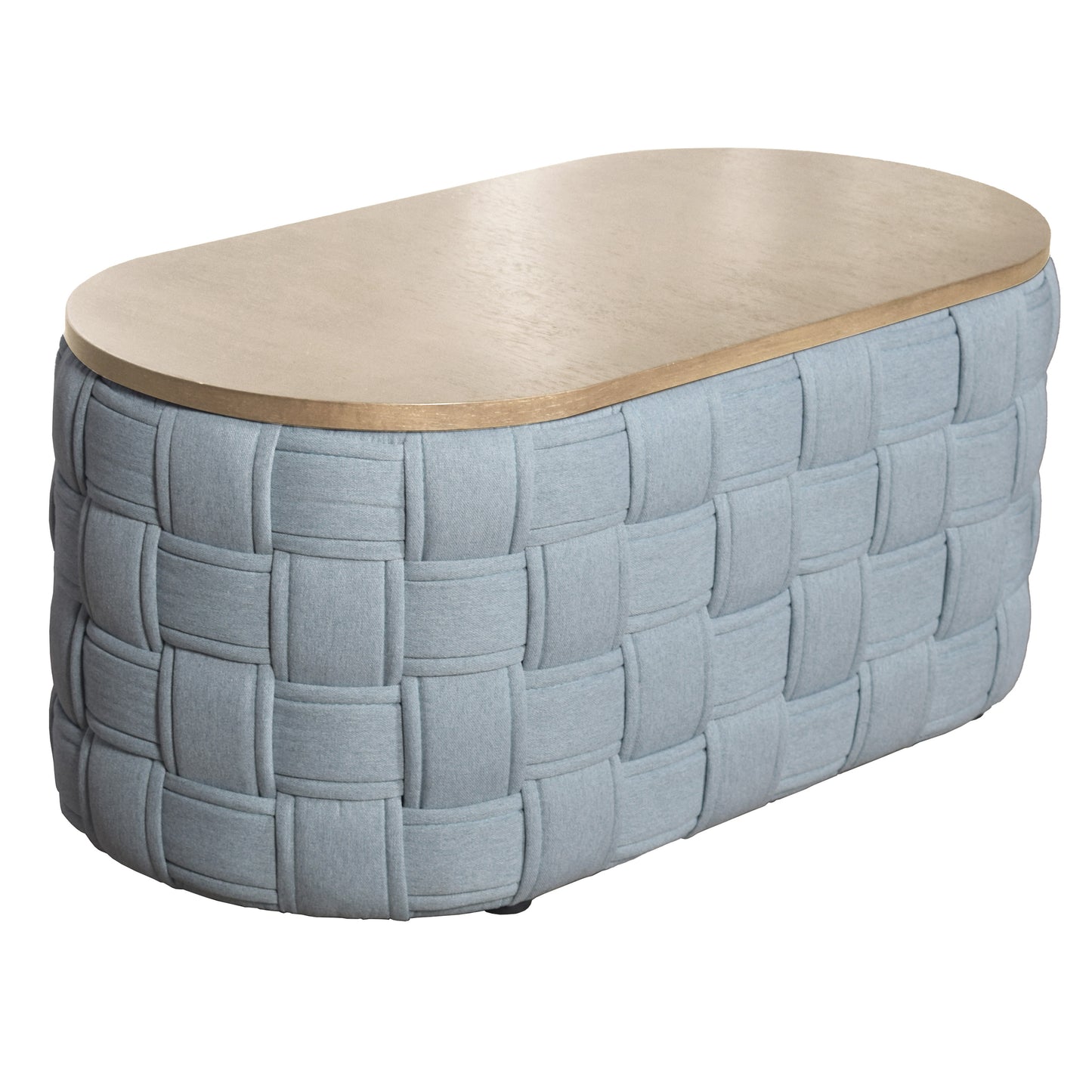 Light blue woven ottoman coffee table with light wood top