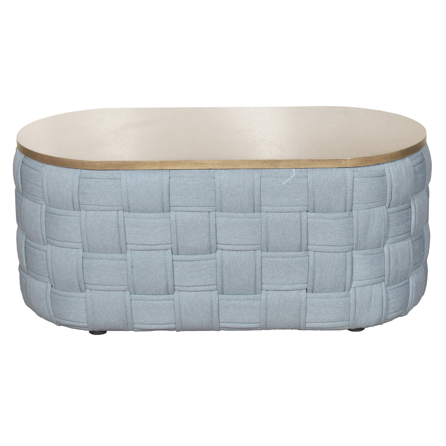 Oval woven light blue upholstered ottoman with a light wood top and brass trim