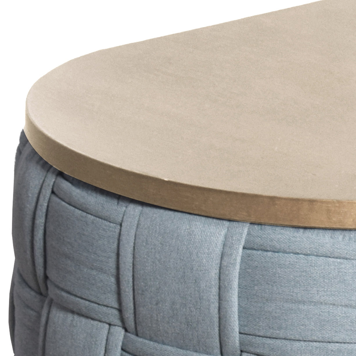 Round light brown wooden top on a woven blue fabric ottoman ideal for living rooms
