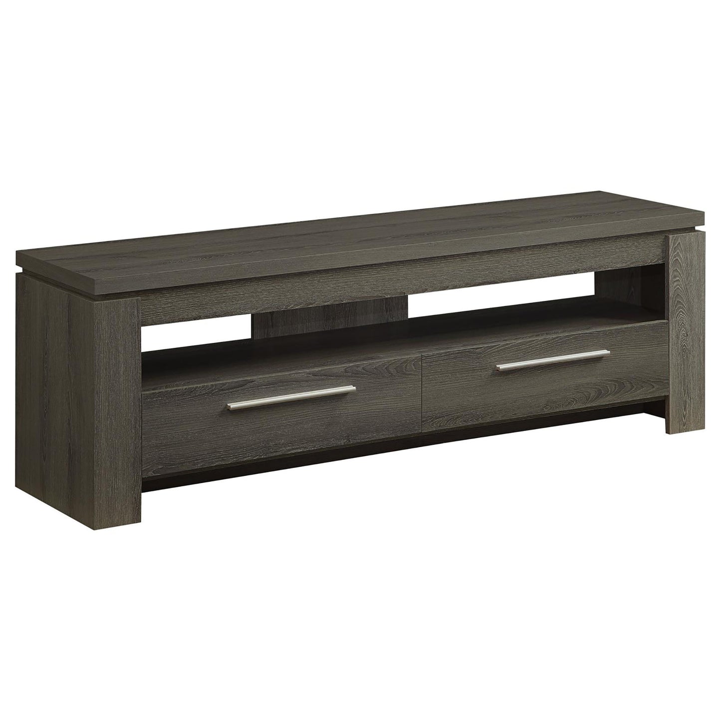 Dark gray wood TV stand with two drawers and open shelving