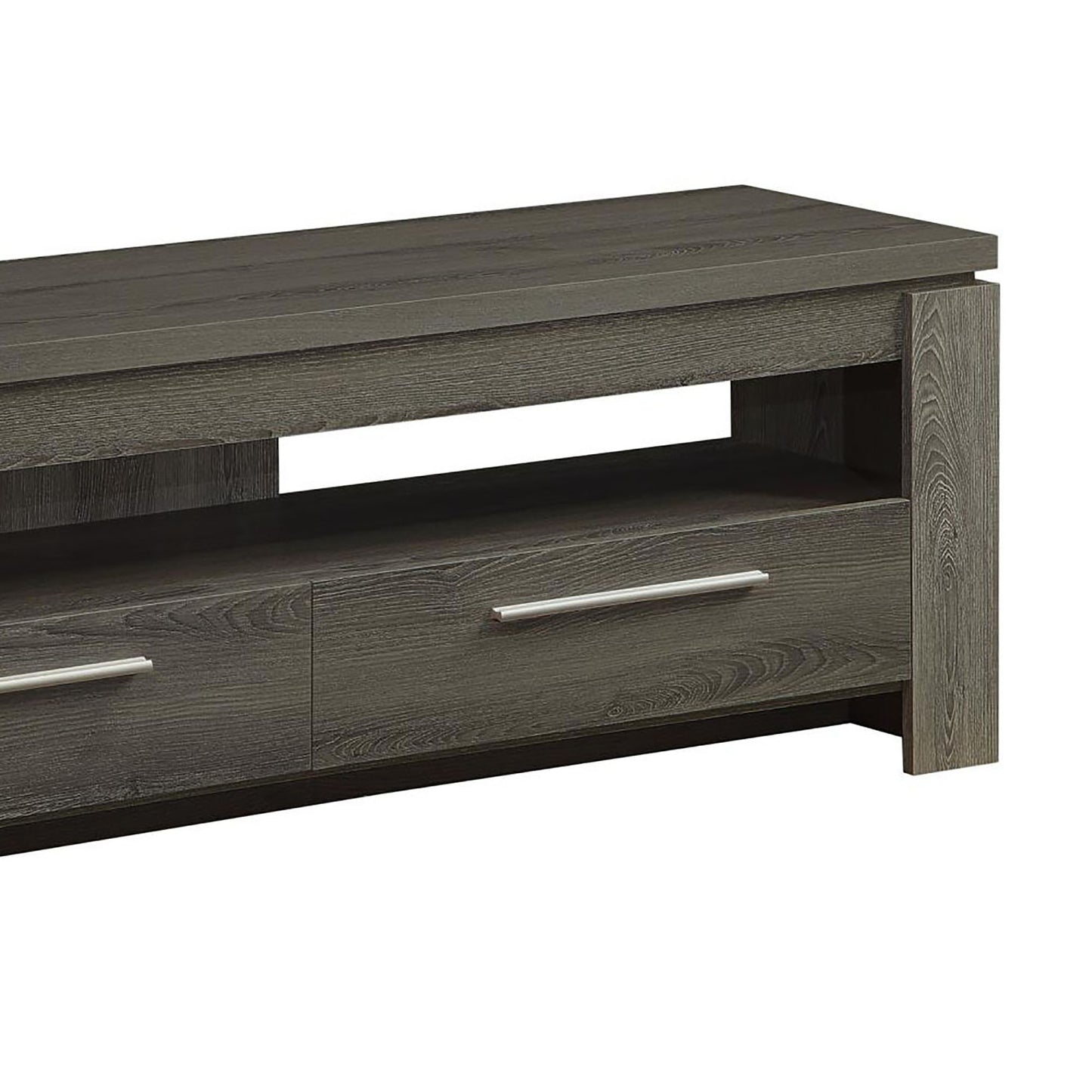 Dark gray wood entertainment center with two drawers and open shelving