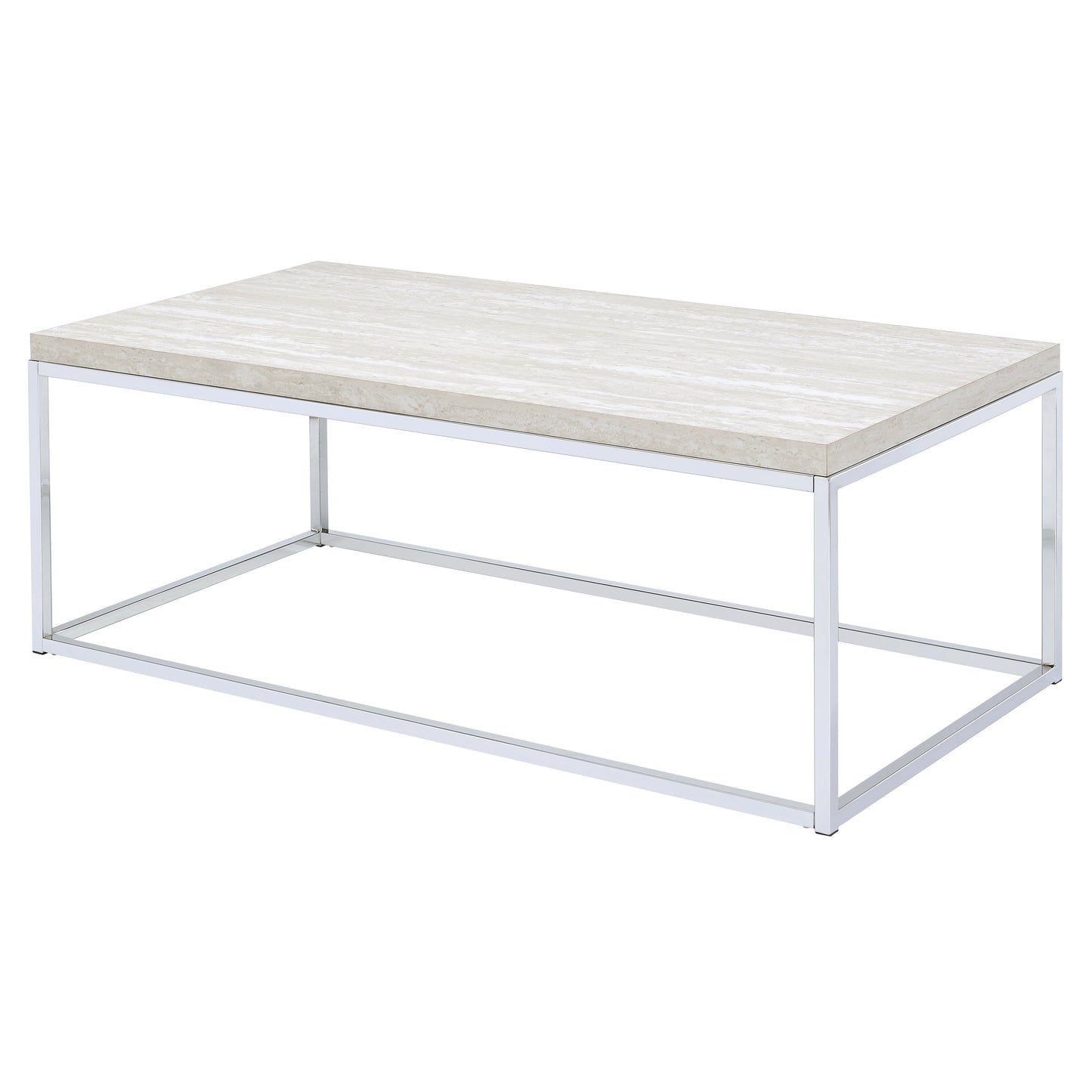 Rectangular travertine coffee table with polished chrome metal frame modern design