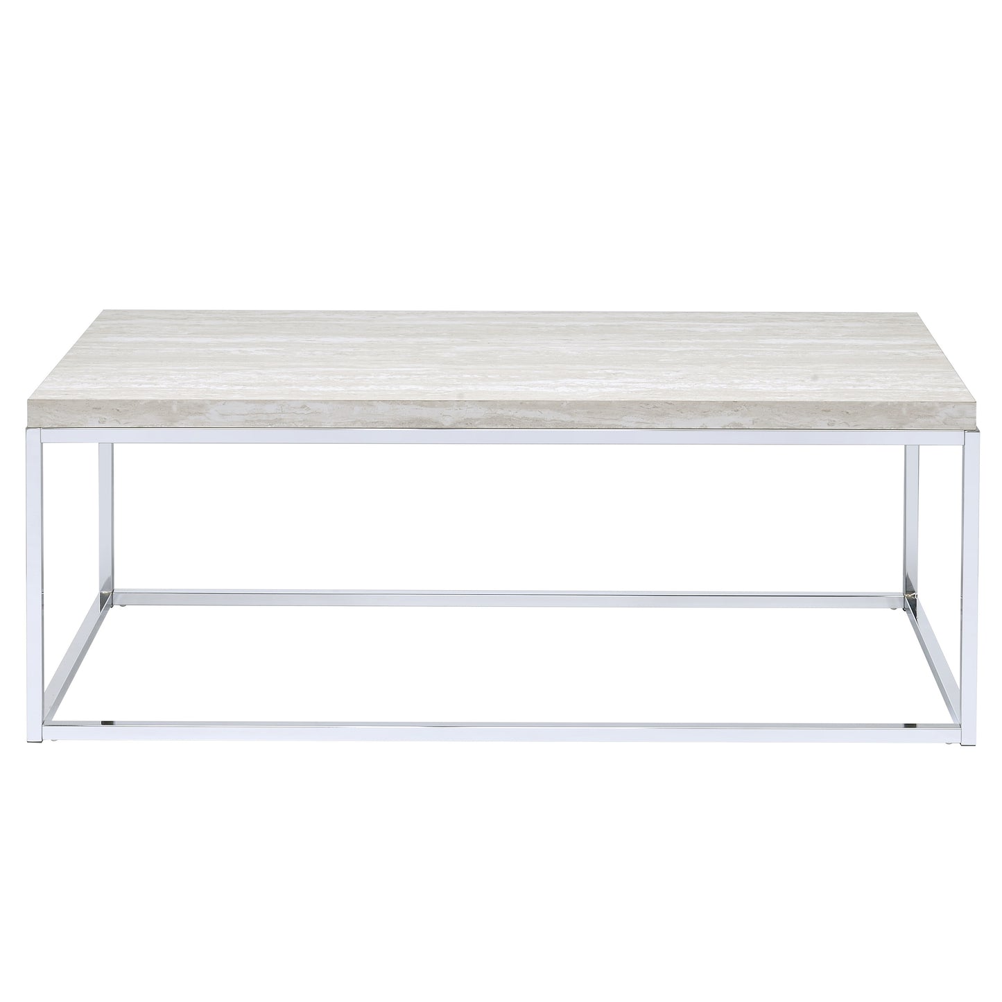 Rectangular coffee table with a light beige travertine stone top and polished chrome metal frame