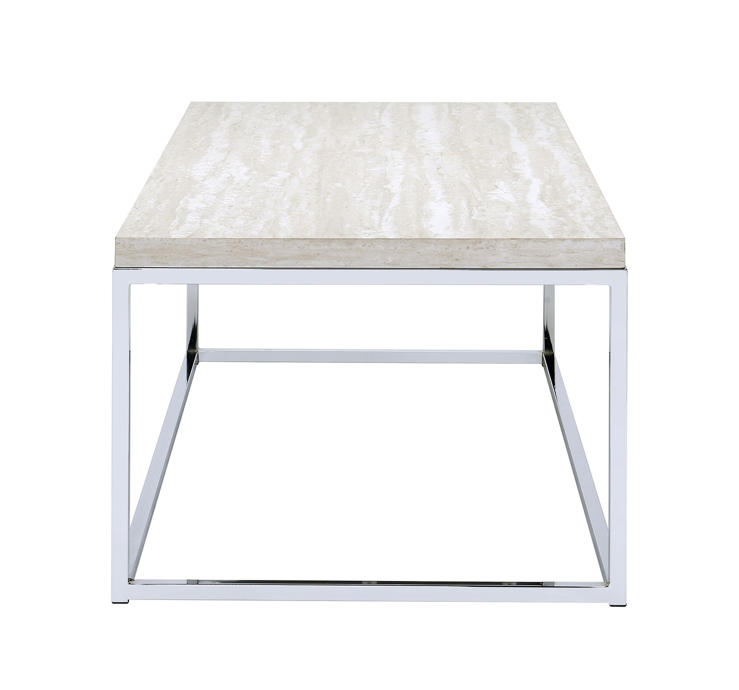 Modern travertine coffee table with polished chrome base