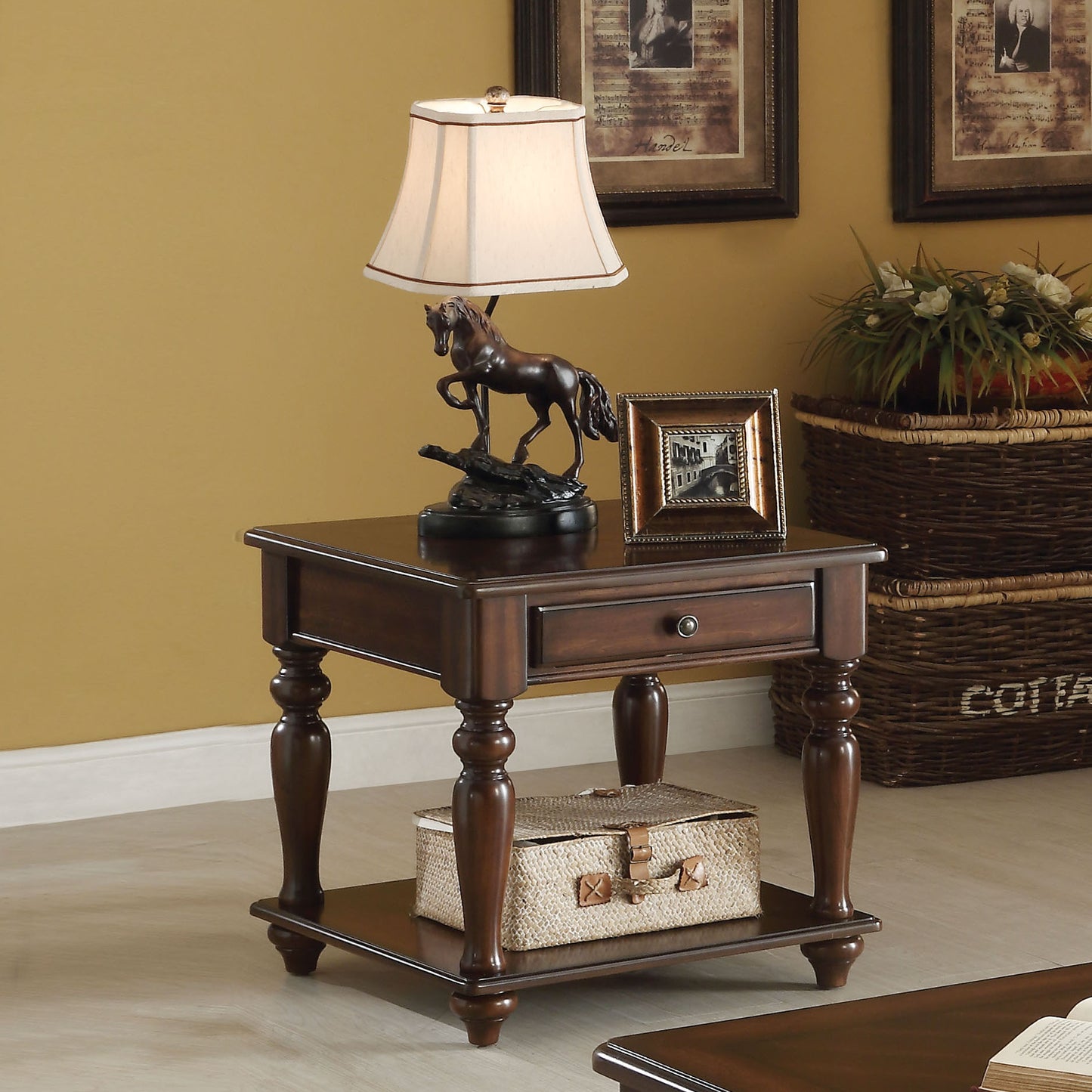 Ornate dark wood end table with drawer and decorative horse lamp