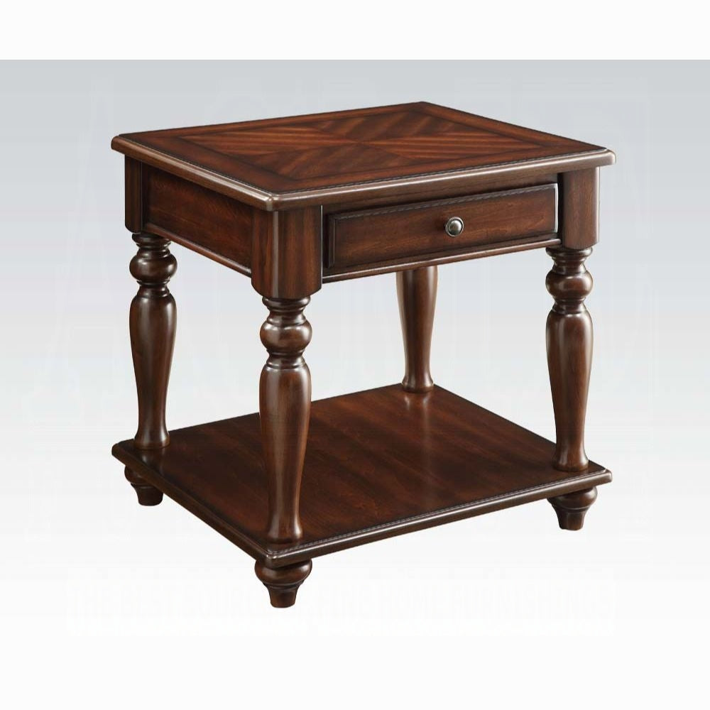 Dark wood end table with single drawer and turned legs