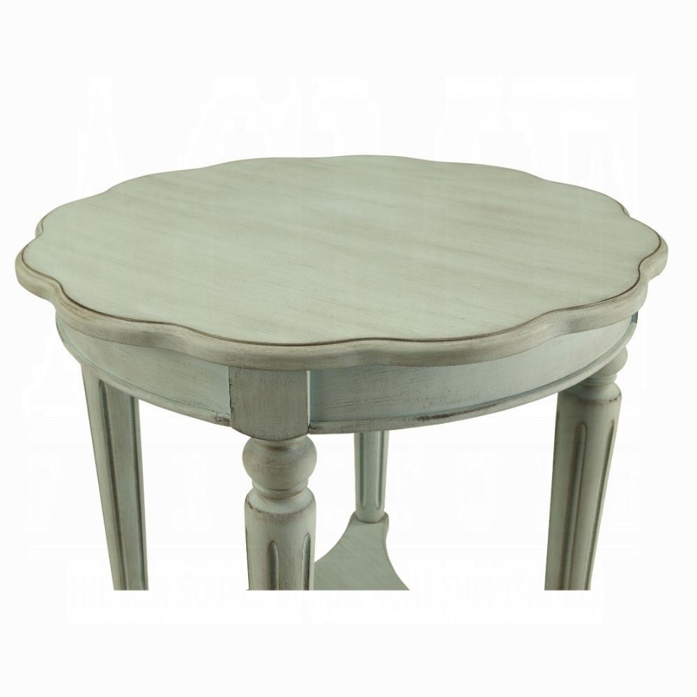 Light blue distressed wood accent table with scalloped edge perfect for small spaces