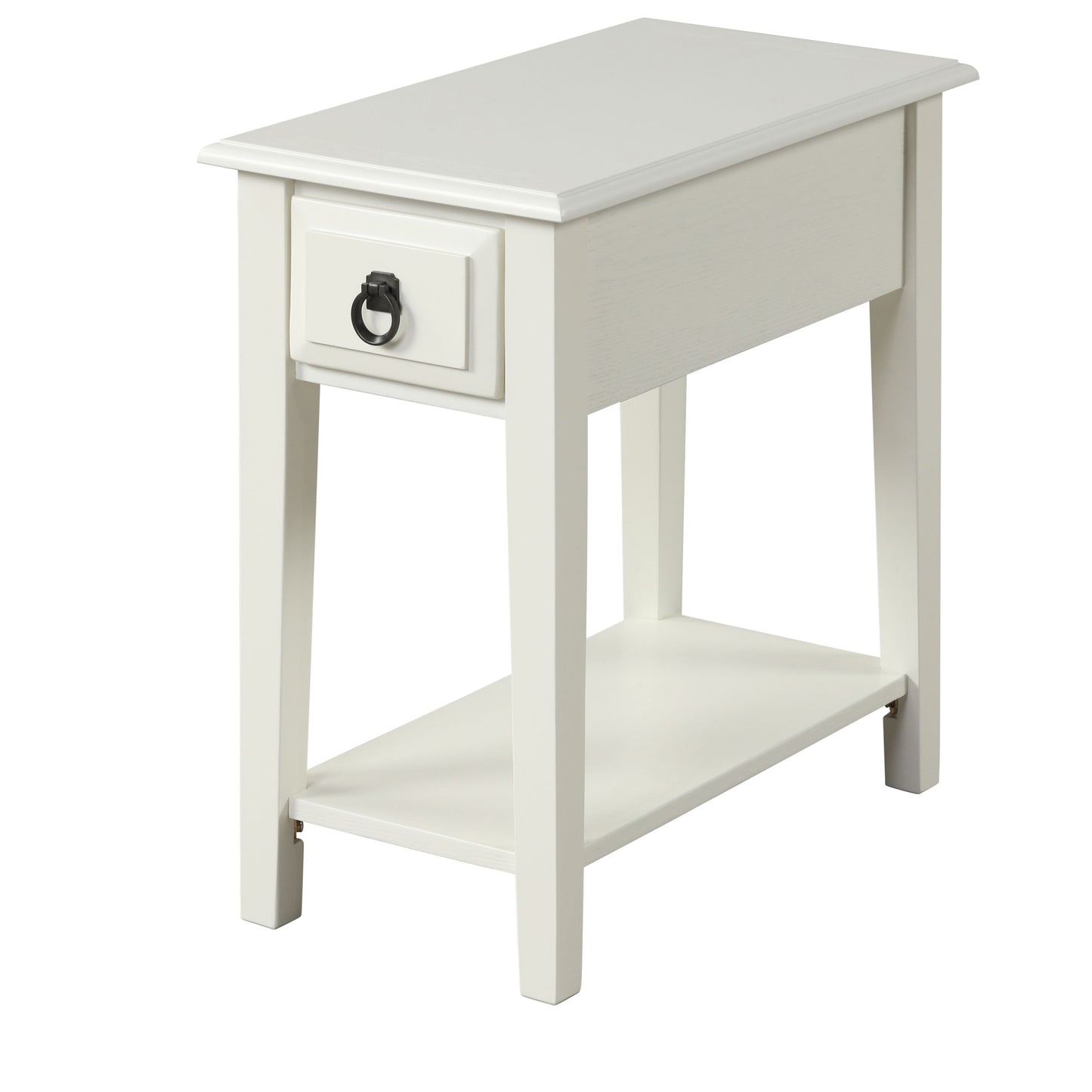 White narrow side table with one drawer and a lower shelf