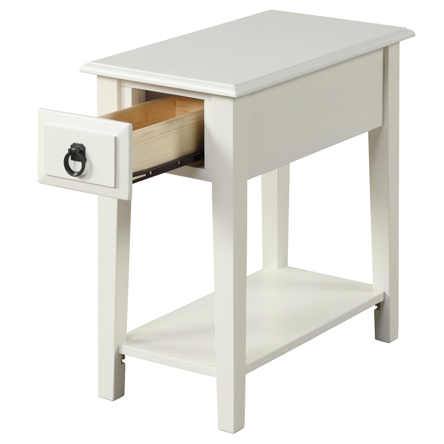 White wooden accent table with a single drawer pulled open