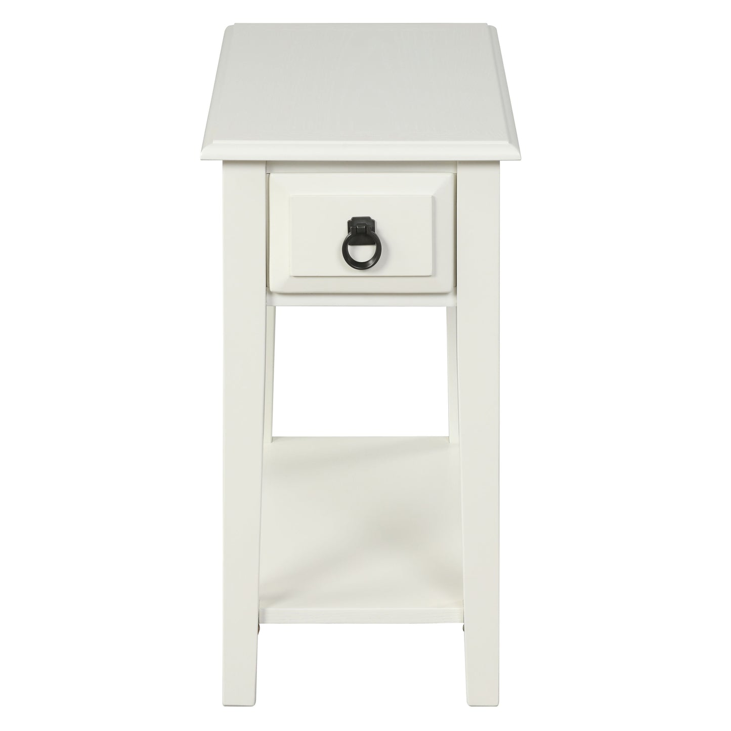 White wooden side table with one drawer and open shelf for storage