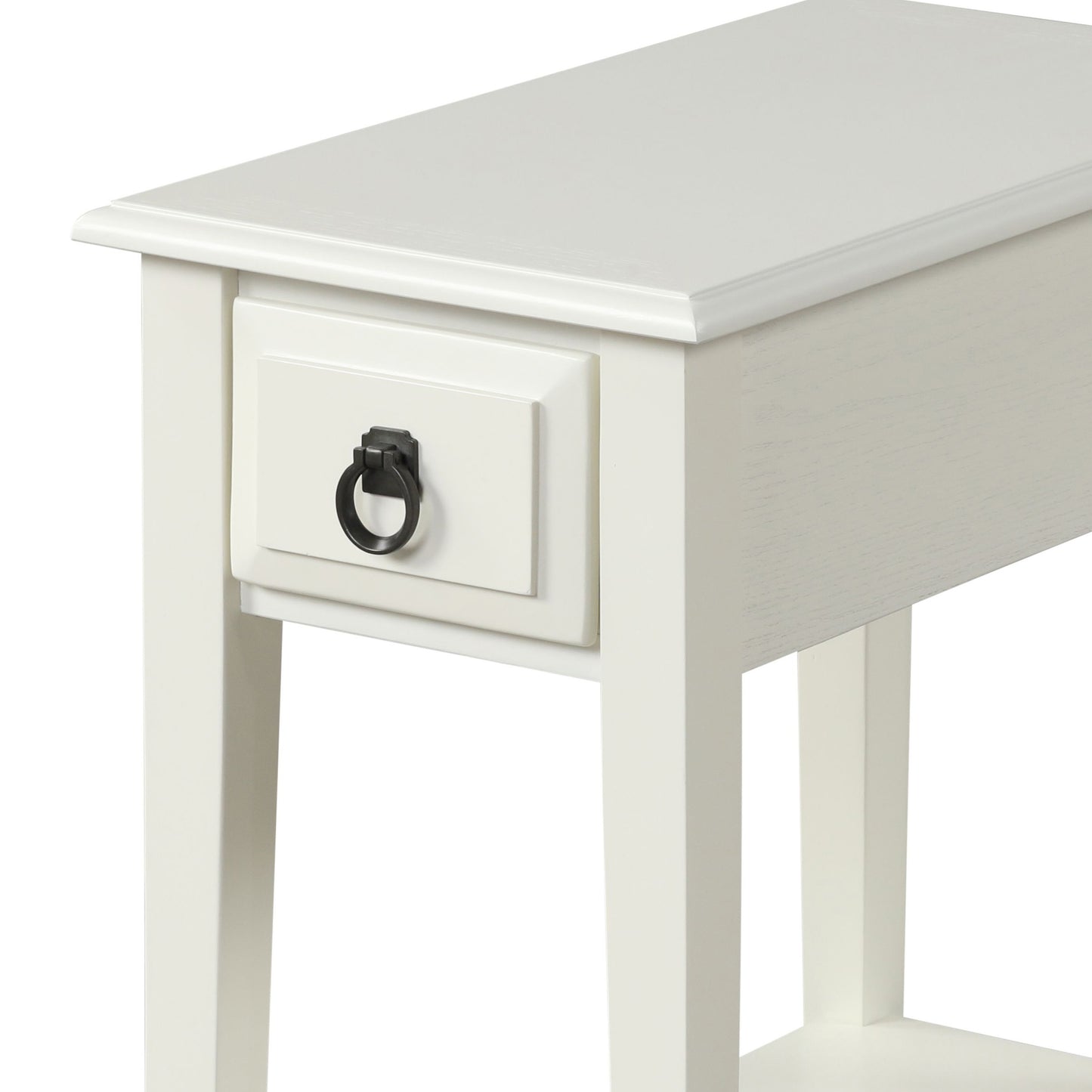 White accent table with single drawer and black ring pull