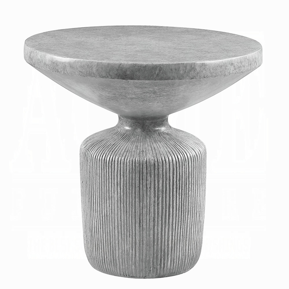 Textured grey concrete side table with a ribbed base and flared top
