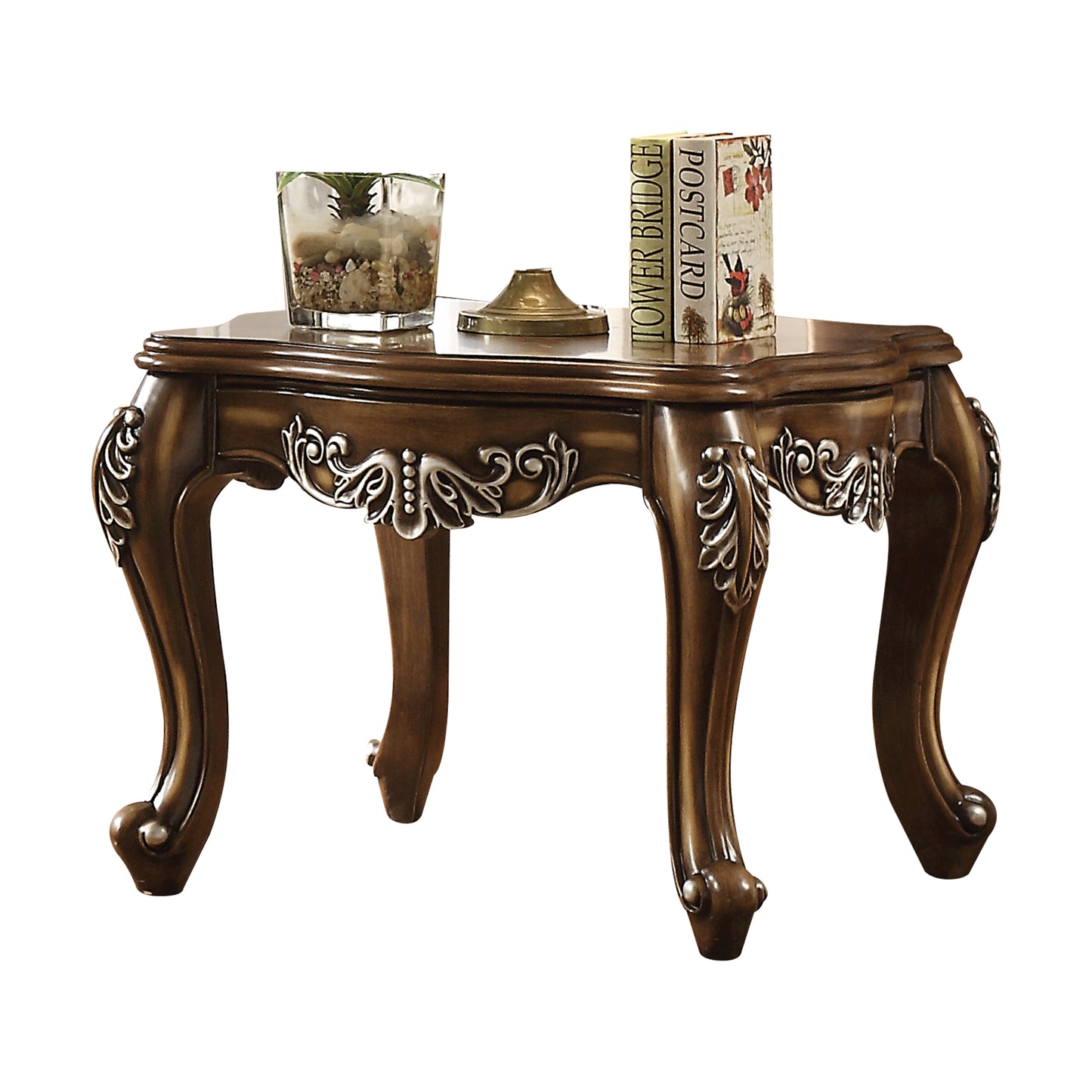 Ornate dark wood accent table with carved details and cabriole legs