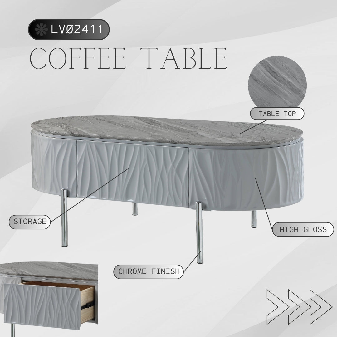 Oval grey coffee table with textured high gloss finish and chrome legs