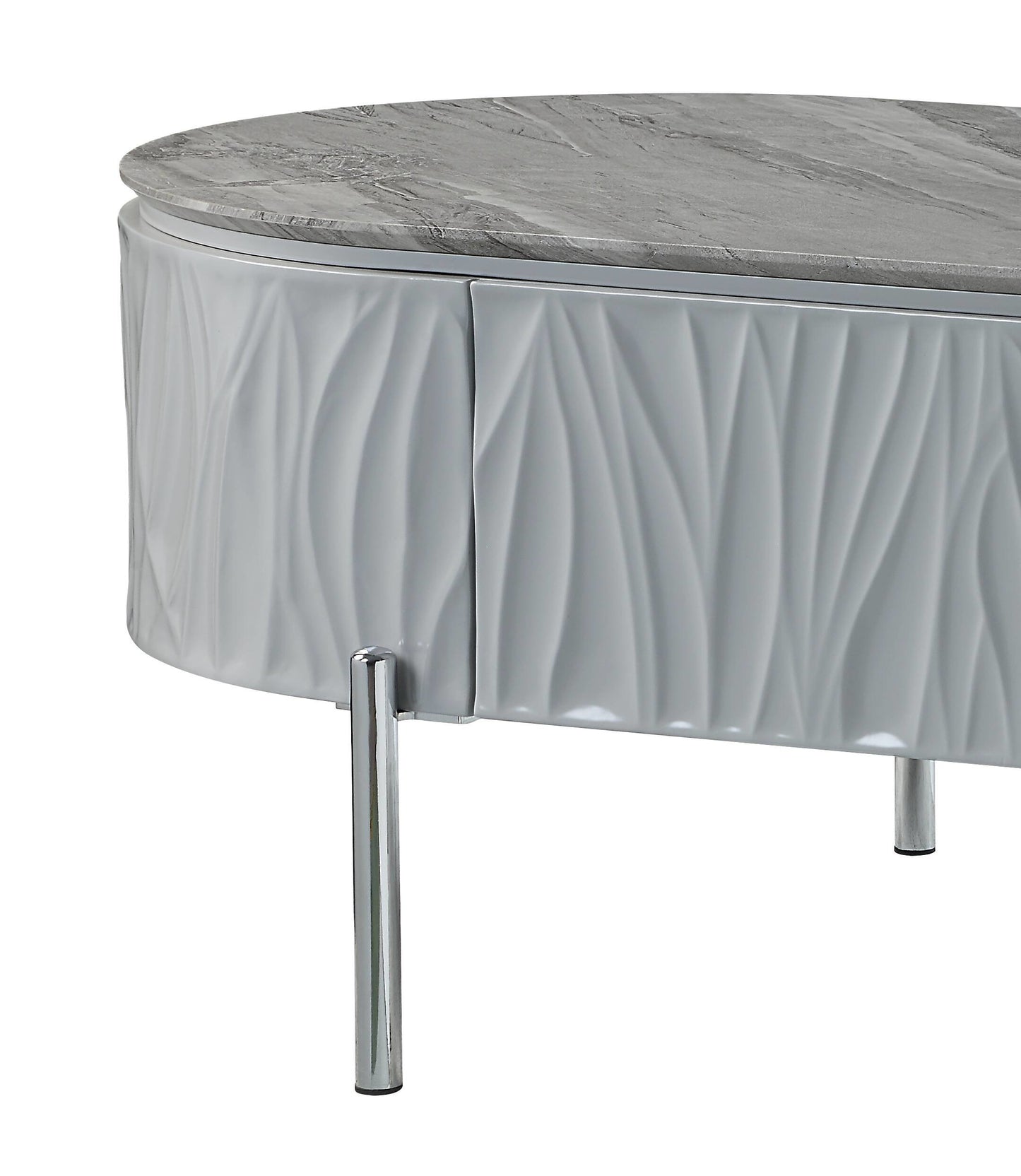 Oval coffee table with grey marble top and textured white body on chrome legs